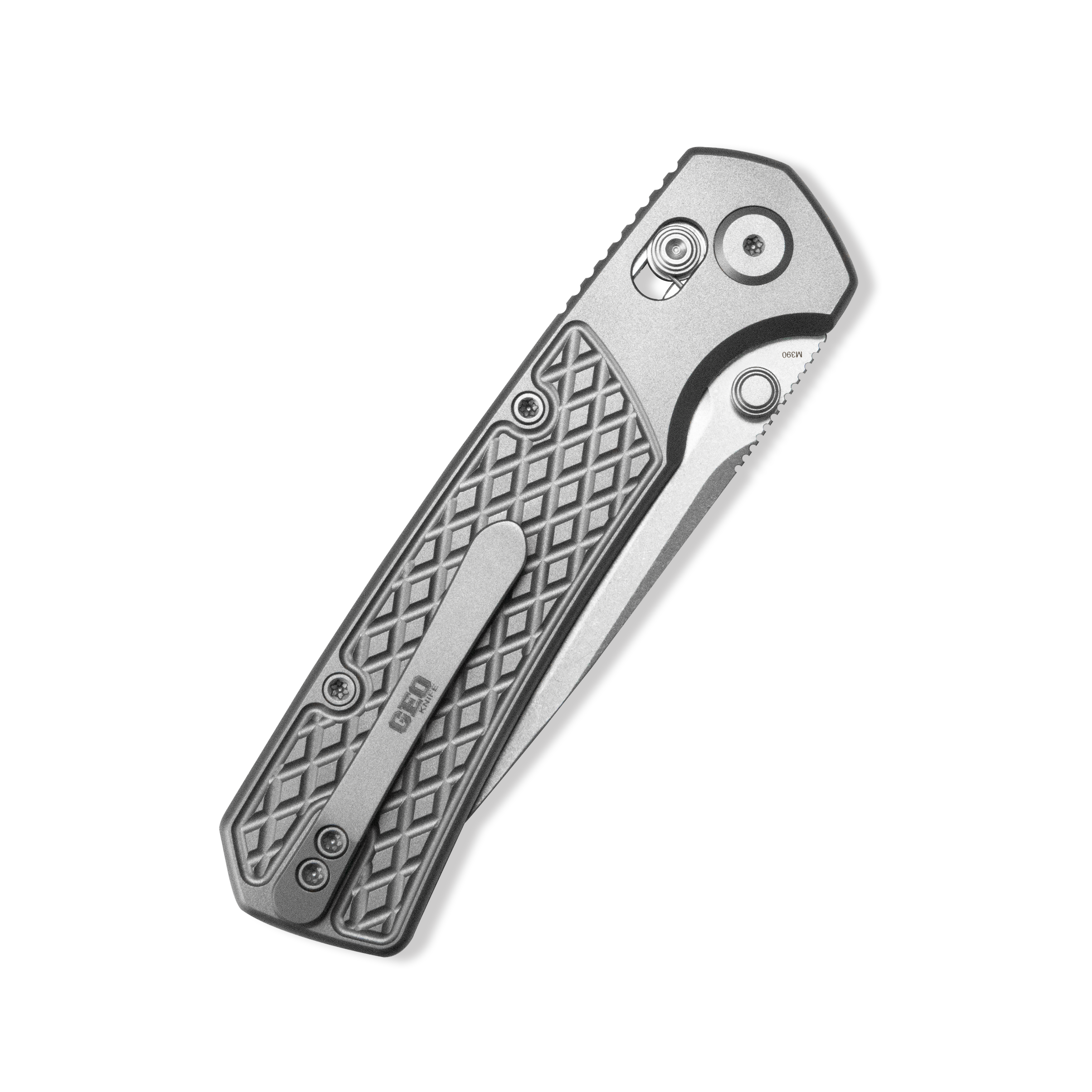 GEO Knife Blaze Crossbar lock Folding Knife Gray 6AL4V Titanium Handle 3.3" Stonewash Bohler M390 Blade GEO2503A