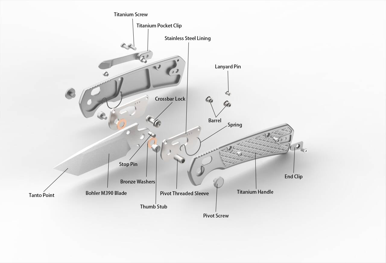 GEO Knife Blaze Crossbar lock Folding Knife Gray 6AL4V Titanium Handle 3.3" Stonewash Bohler M390 Blade GEO2503A