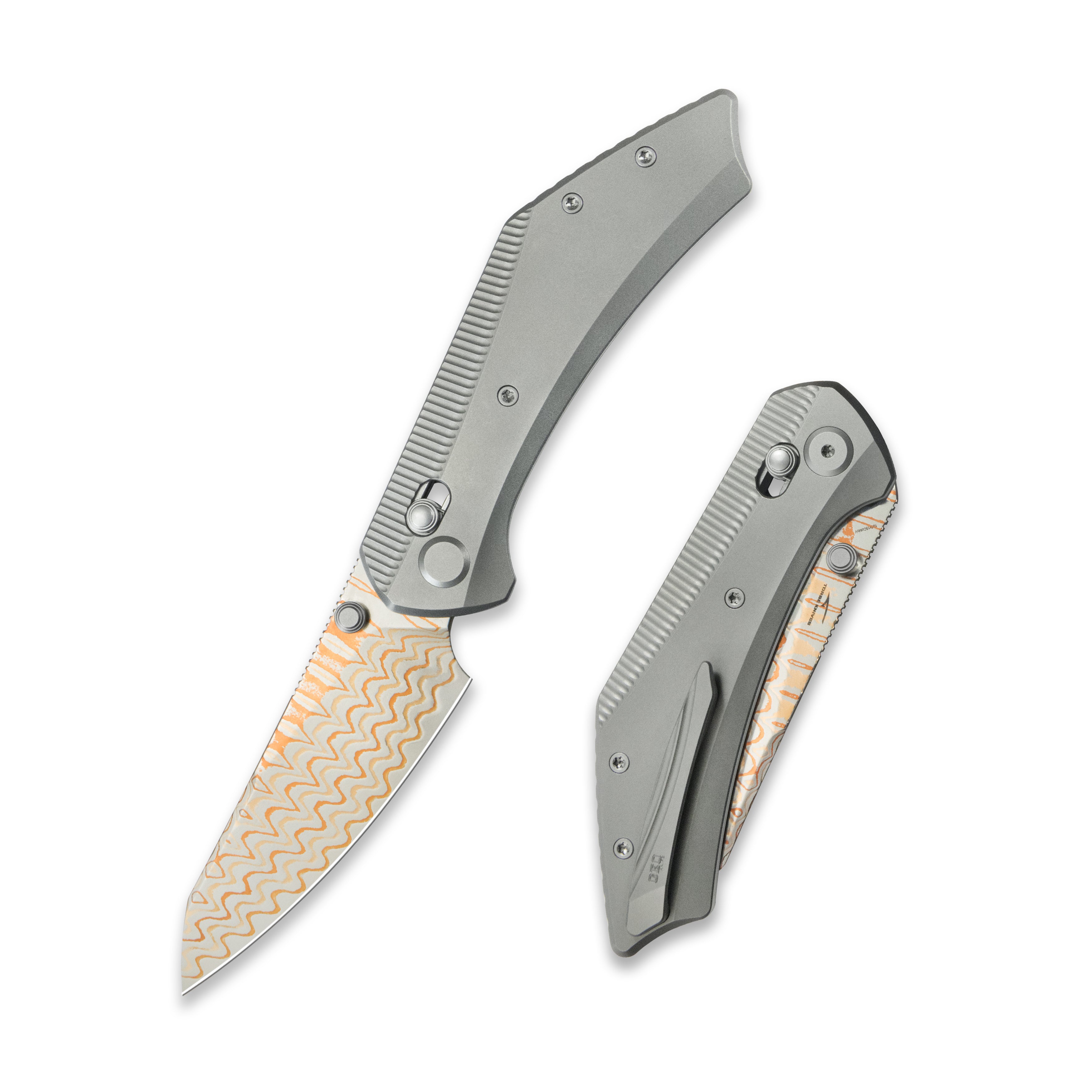 GEO Knife DIVID Axis lock Folding Knife Gray 6AL4V Titanium Handle 3.3" Damascus Steel & Copper Blade(10Cr15CoMoV) GEO2507A