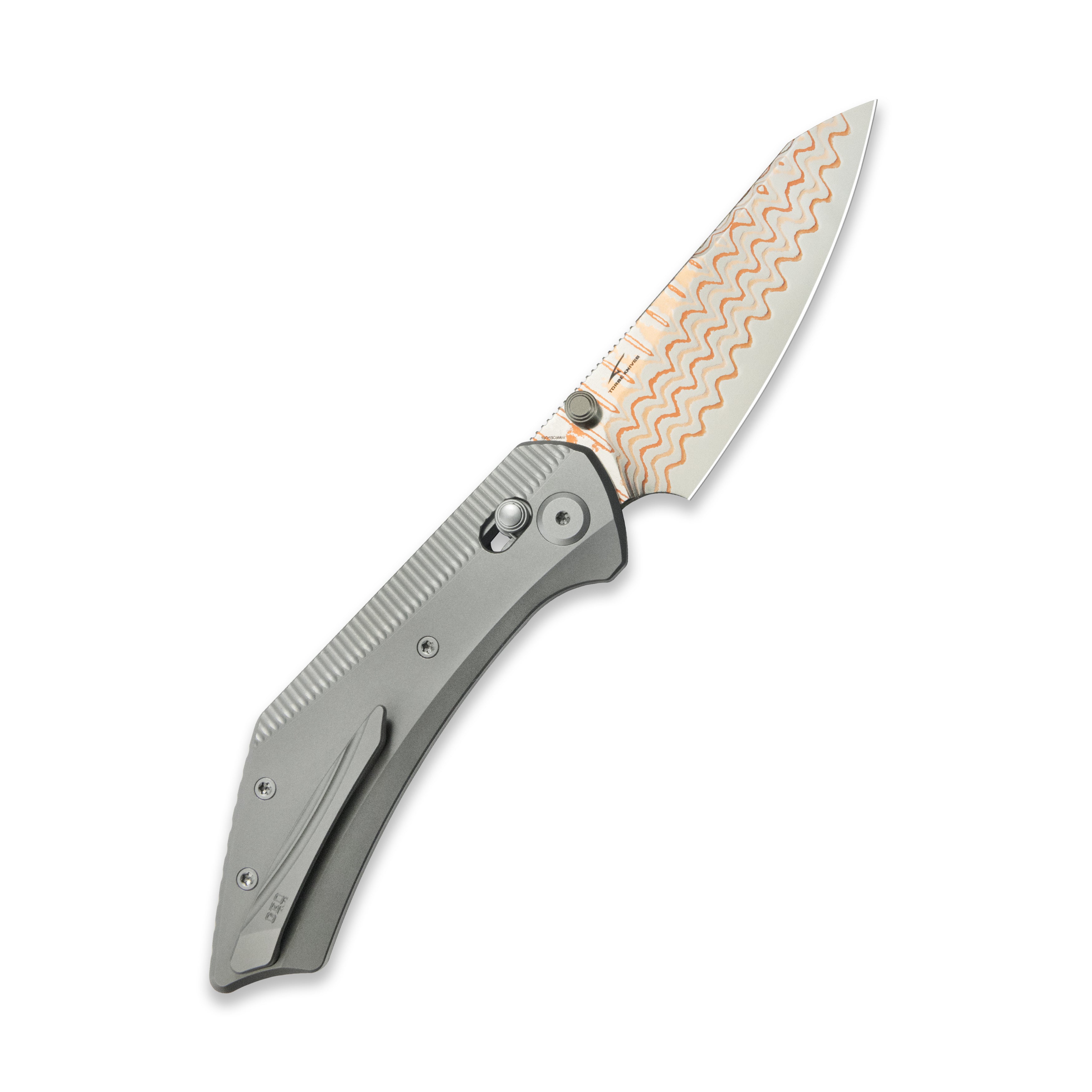 GEO Knife DIVID Axis lock Folding Knife Gray 6AL4V Titanium Handle 3.3" Damascus Steel & Copper Blade(10Cr15CoMoV) GEO2507A