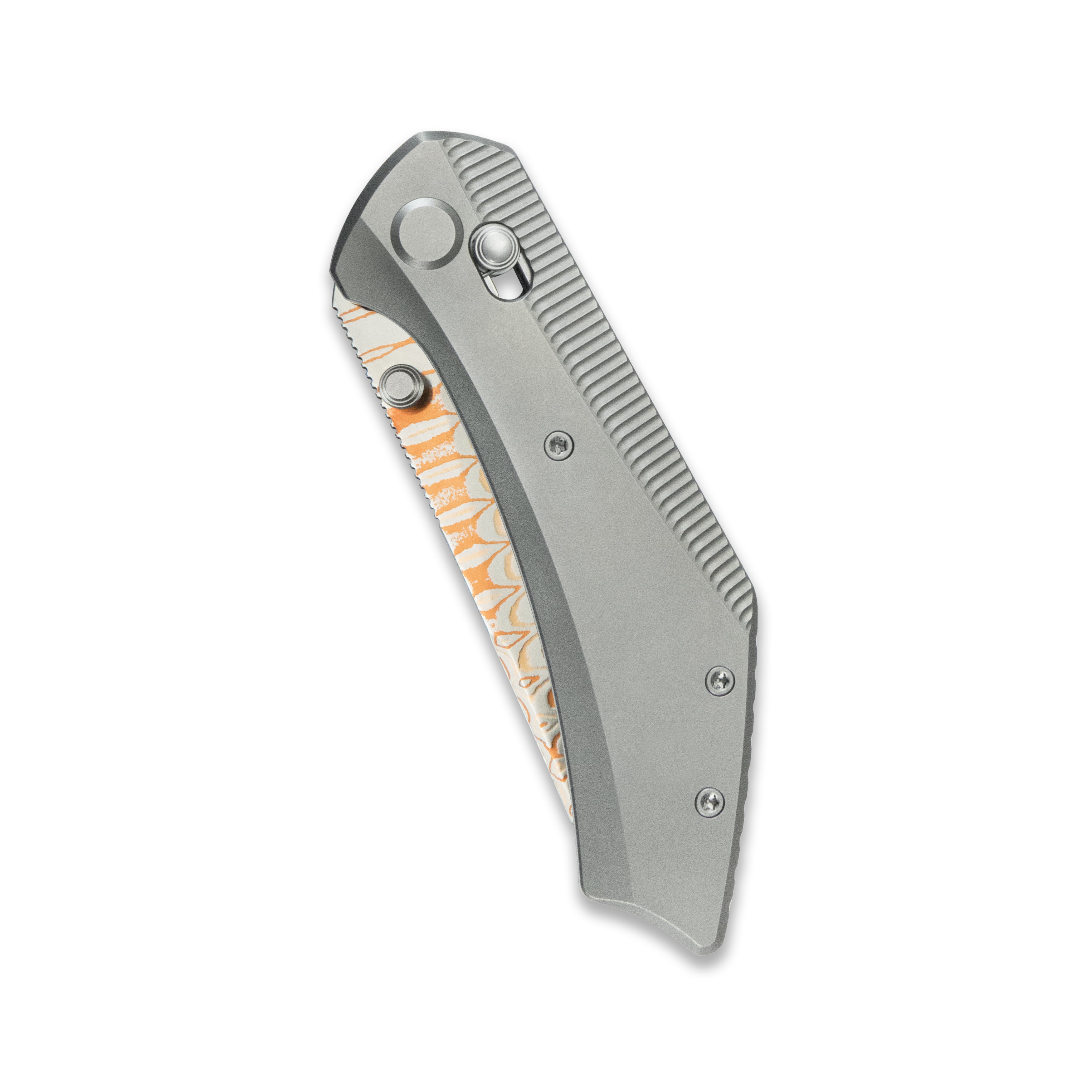 GEO Knife DIVID Axis lock Folding Knife Gray 6AL4V Titanium Handle 3.3" Damascus Steel & Copper Blade(10Cr15CoMoV) GEO2507A