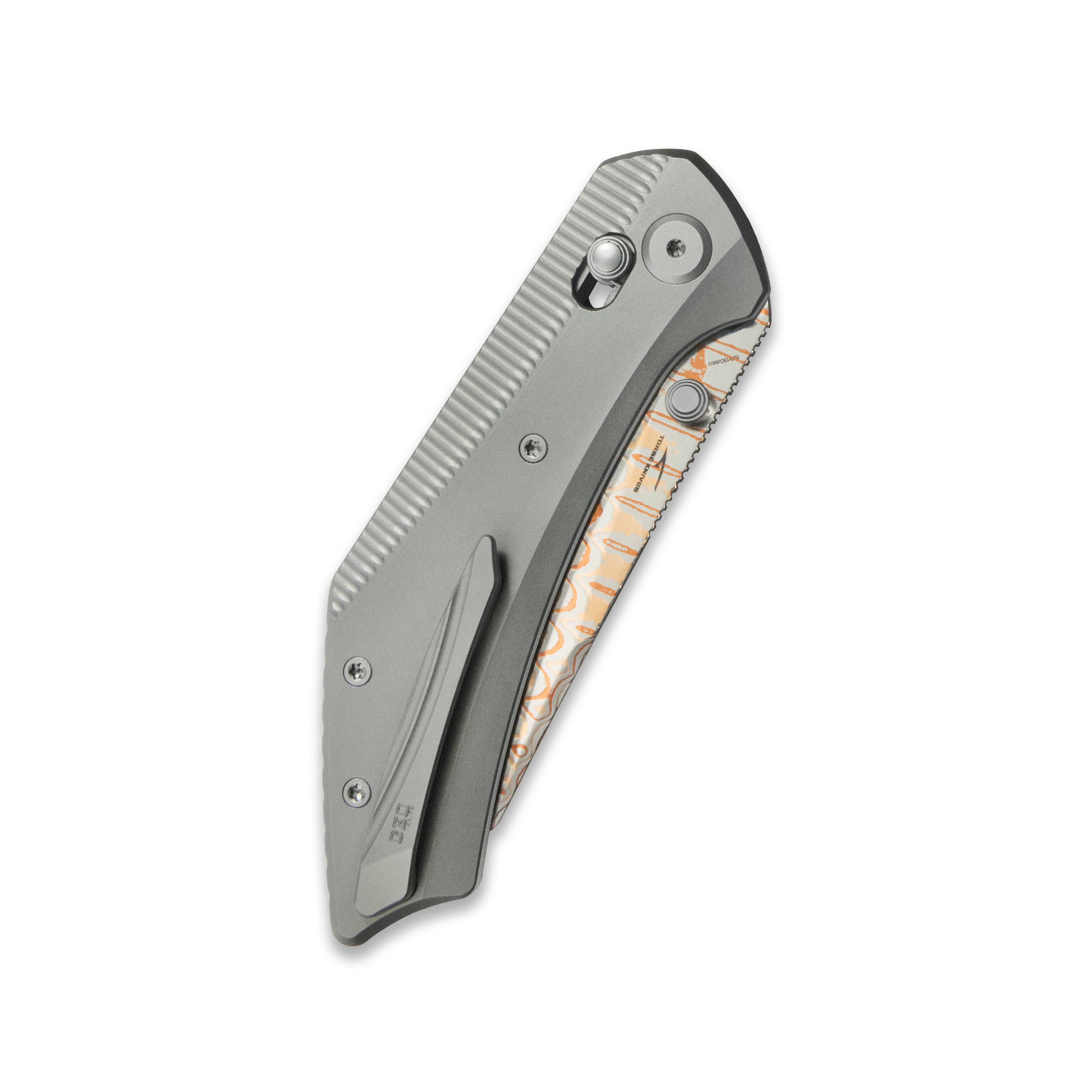 GEO Knife DIVID Axis lock Folding Knife Gray 6AL4V Titanium Handle 3.3" Damascus Steel & Copper Blade(10Cr15CoMoV) GEO2507A