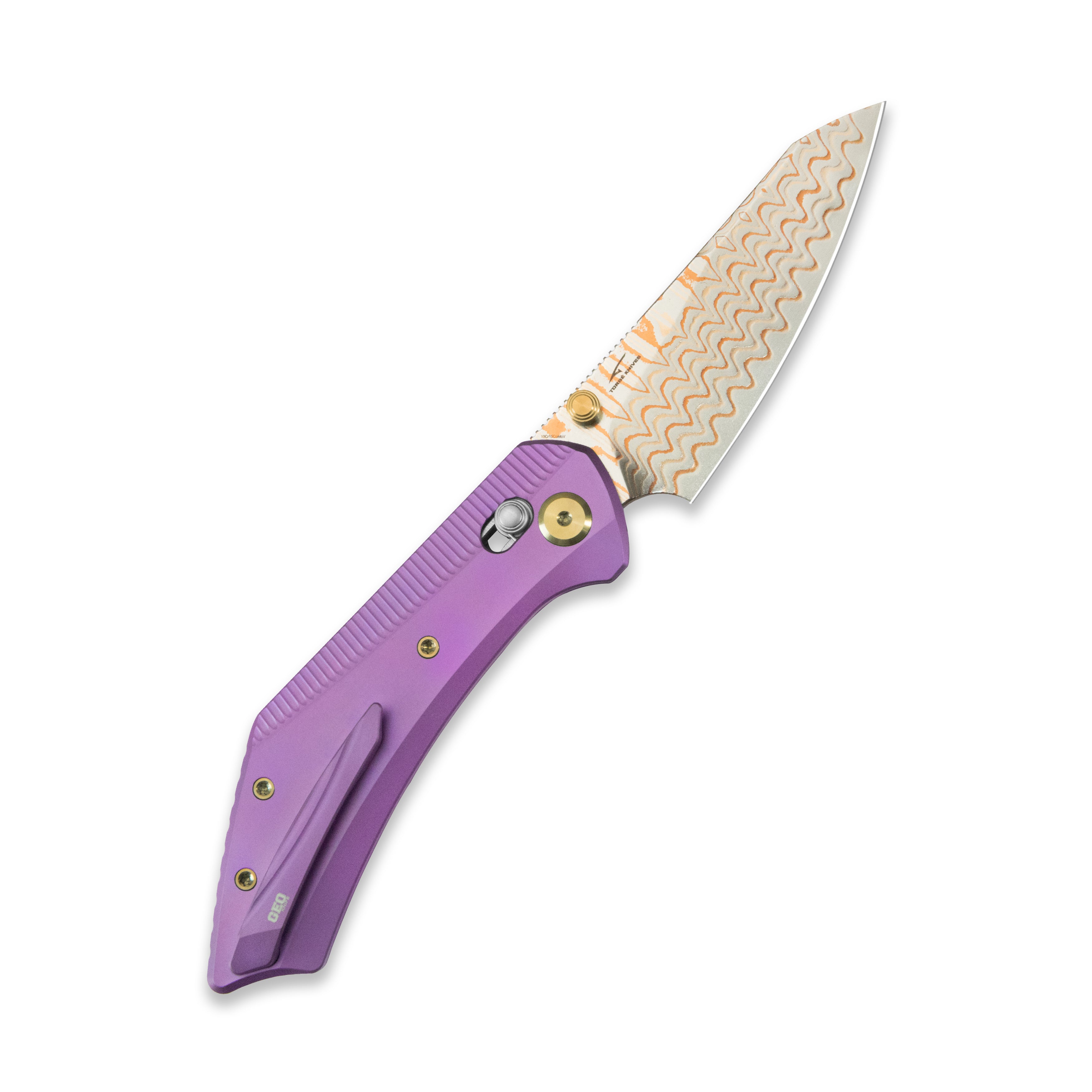 GEO Knife DIVID Axis lock Folding Knife Purple 6AL4V Titanium Handle 3.3" Damascus Steel & Copper Blade(10Cr15CoMoV) GEO2507C