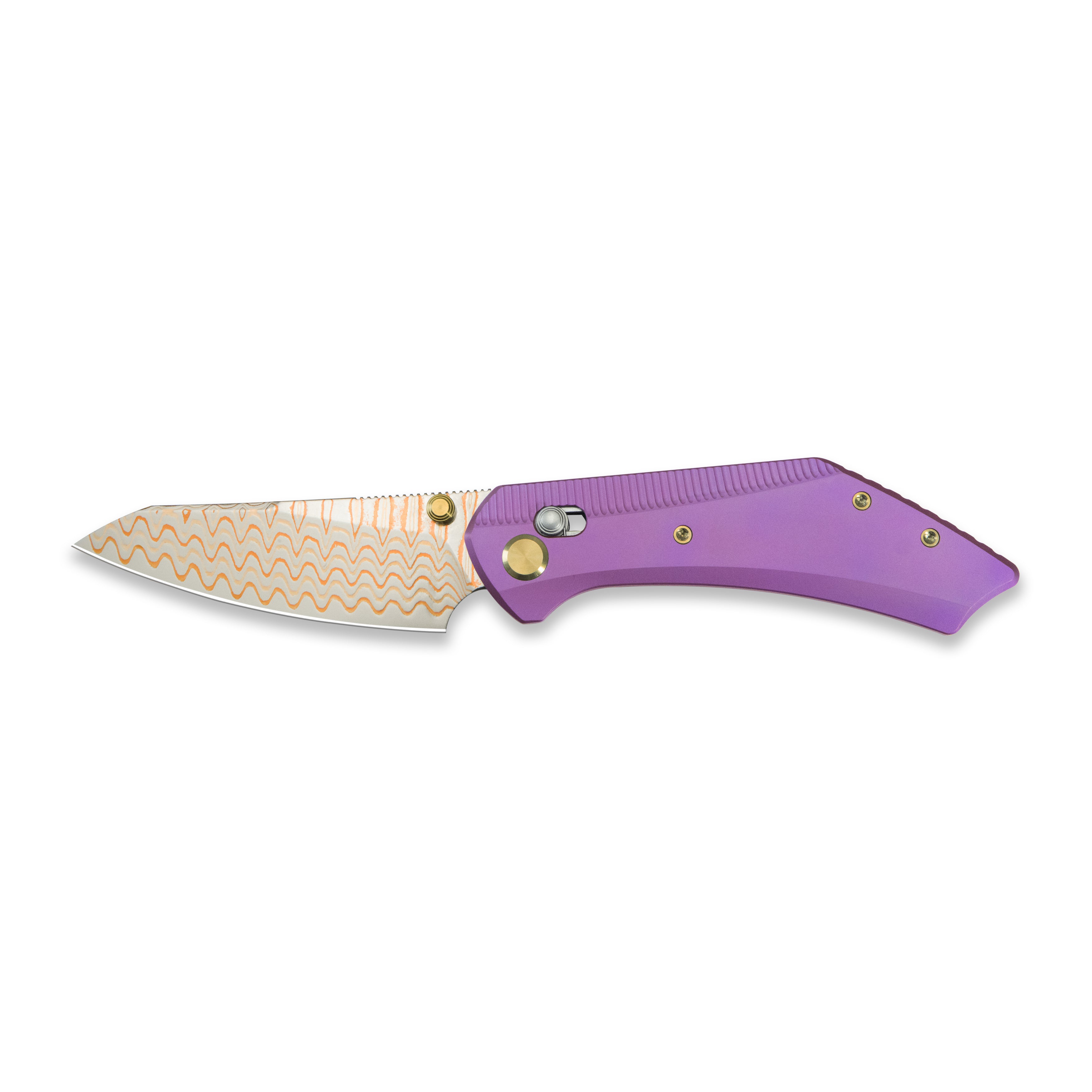 GEO Knife DIVID Axis lock Folding Knife Purple 6AL4V Titanium Handle 3.3" Damascus Steel & Copper Blade(10Cr15CoMoV) GEO2507C