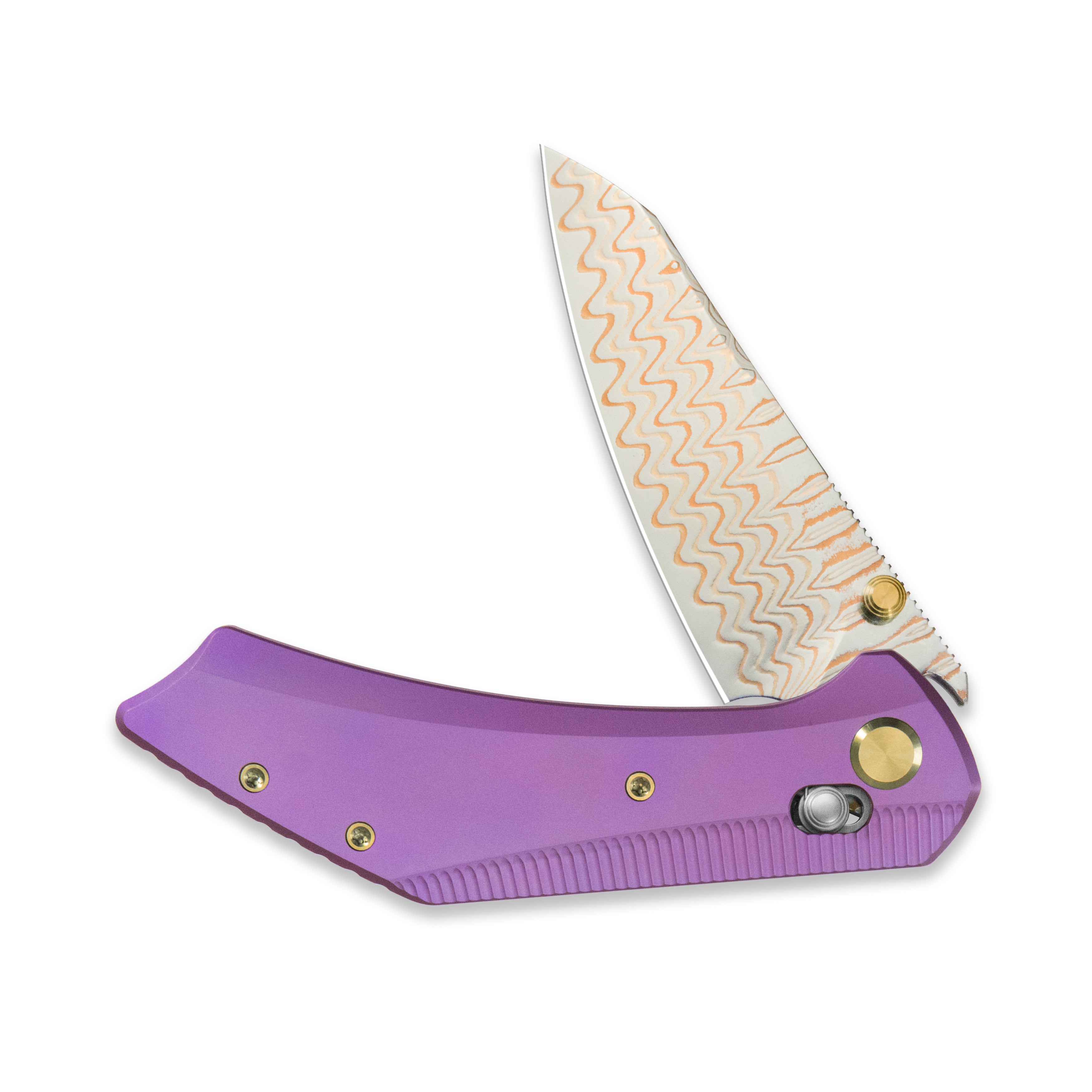 GEO Knife DIVID Axis lock Folding Knife Purple 6AL4V Titanium Handle 3.3" Damascus Steel & Copper Blade(10Cr15CoMoV) GEO2507C