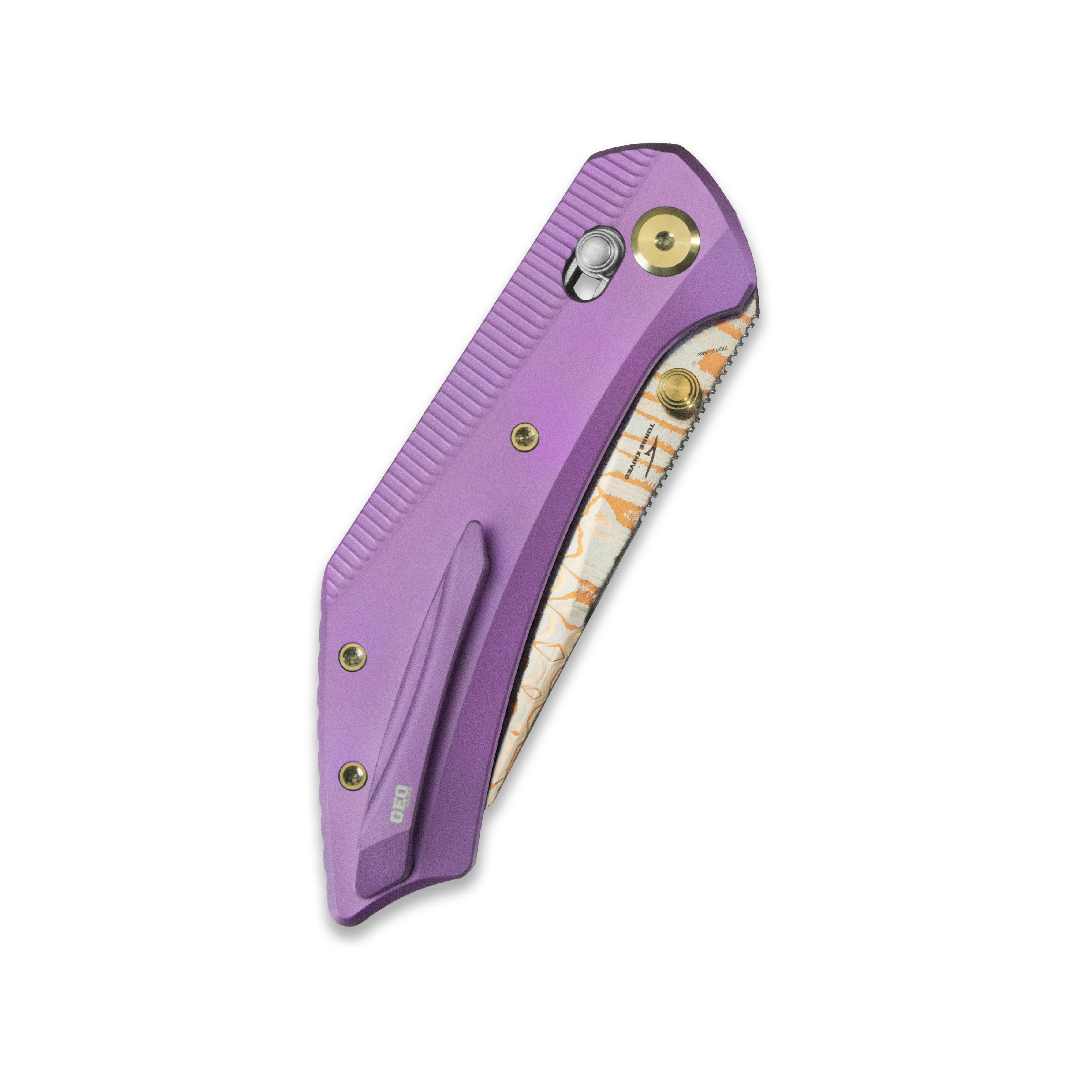 GEO Knife DIVID Axis lock Folding Knife Purple 6AL4V Titanium Handle 3.3" Damascus Steel & Copper Blade(10Cr15CoMoV) GEO2507C