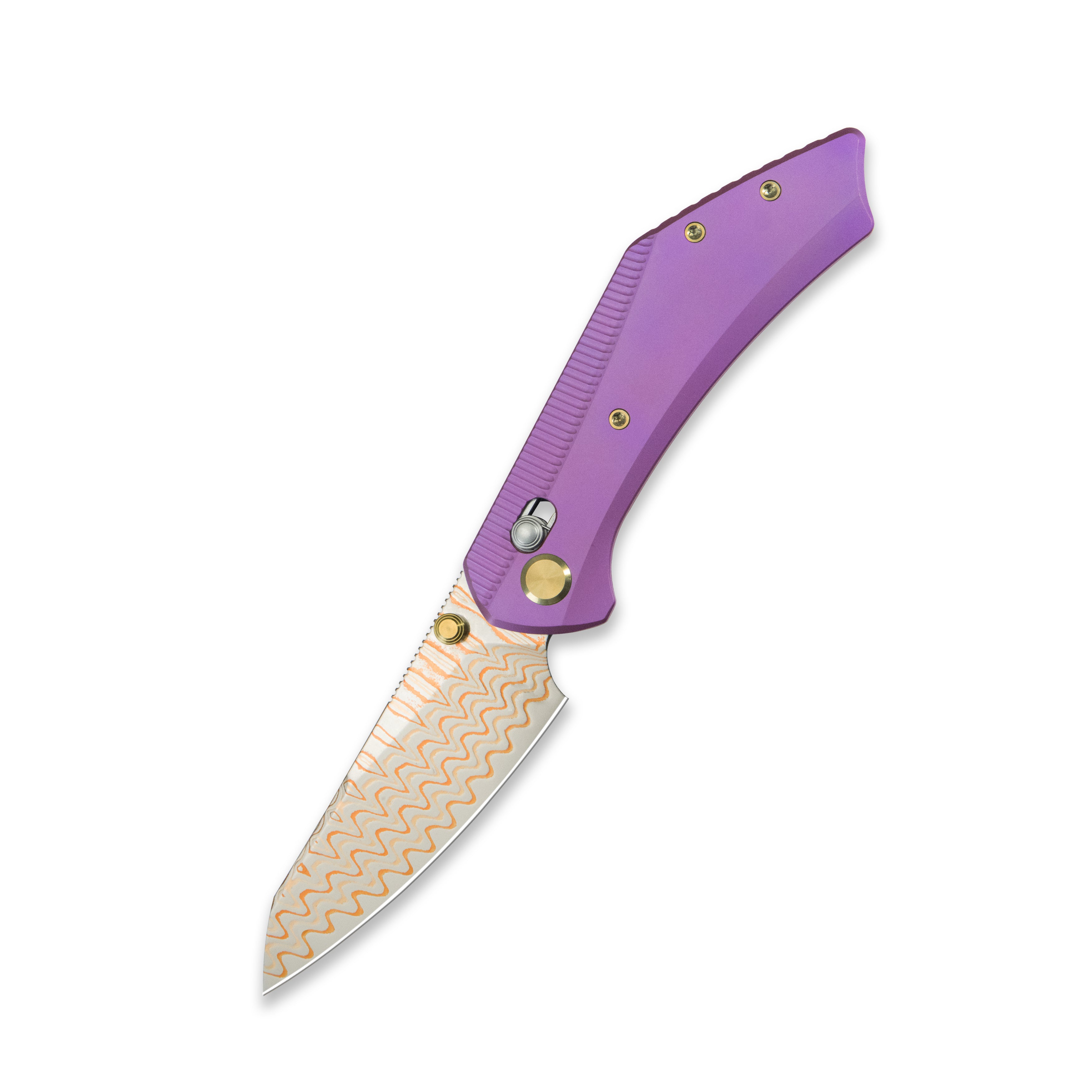 GEO Knife DIVID Axis lock Folding Knife Purple 6AL4V Titanium Handle 3.3" Damascus Steel & Copper Blade(10Cr15CoMoV) GEO2507C