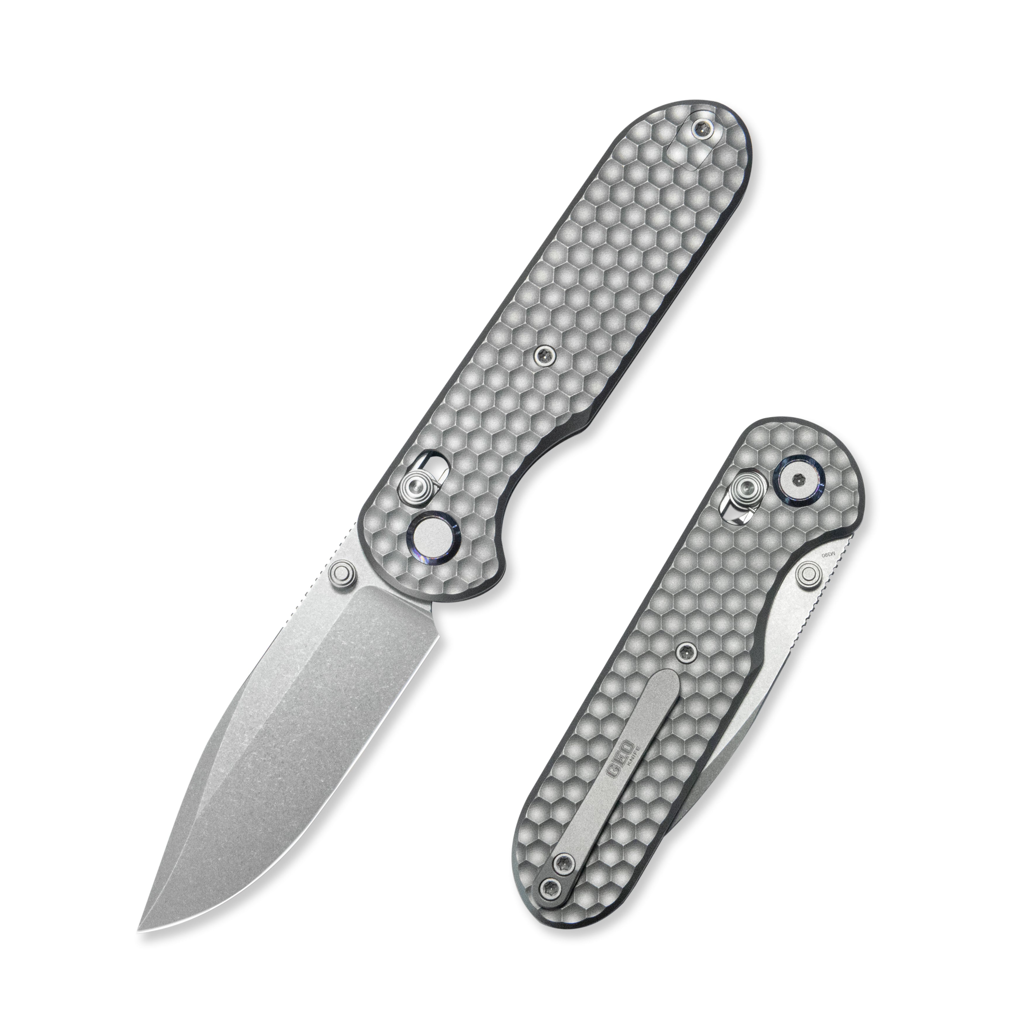 Geo knife Ethereal Cutter Axis lock Folding Knife Gray 6AL4V Titanium Handle 3.0" Stonewash Bohler M390 Blade  GEO2402A