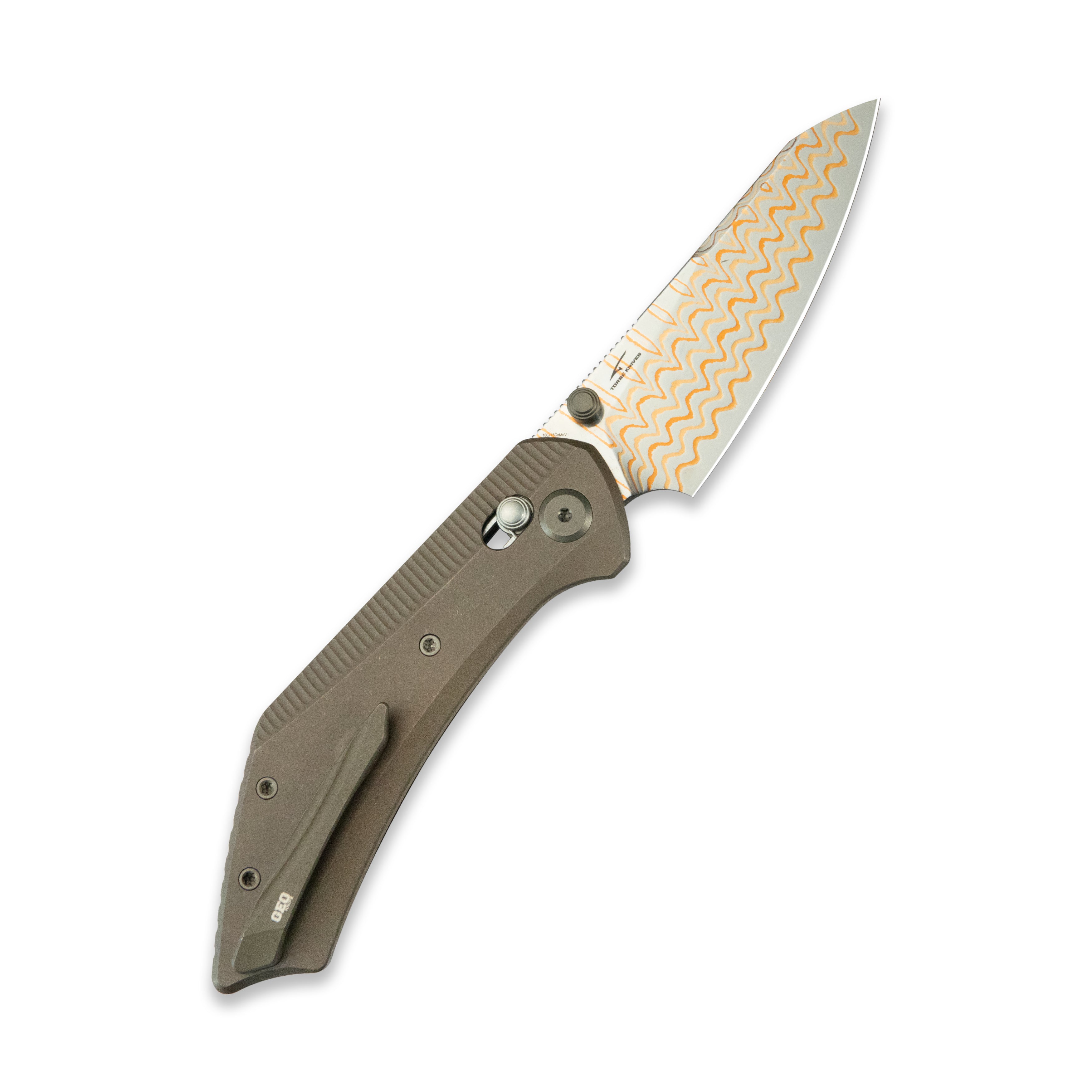 GEO Knife DIVID Axis lock Folding Knife Bronze 6AL4V Titanium Handle 3.3" Damascus Steel & Copper Blade（10Cr15CoMoV) GEO2507D