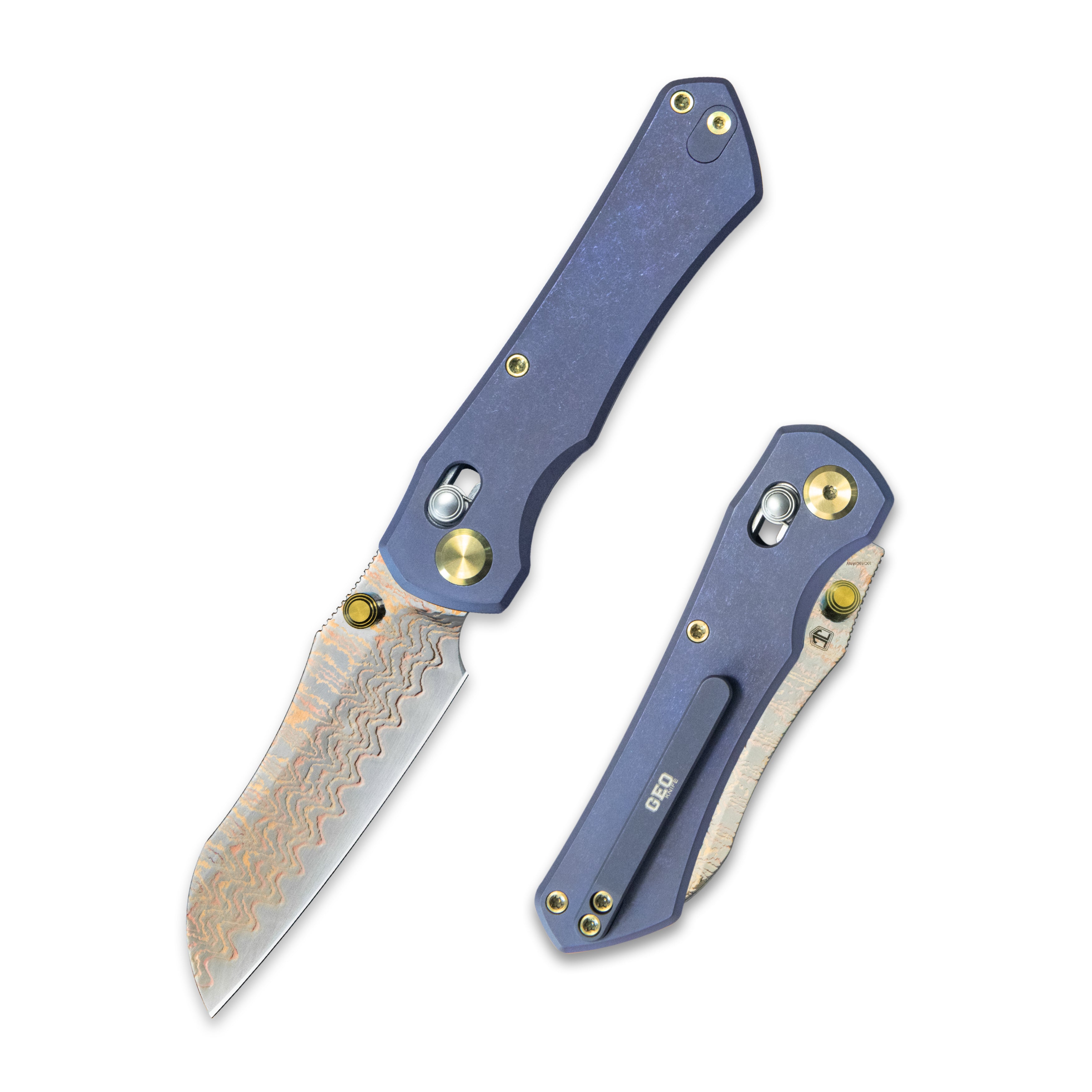 GEO Knife Komodo Crossbar lock Folding Knife Blue 6AL4V Titanium Handle 3.1" Damascus Steel & Copper Blade（10Cr15CoMoV) GEO2509B