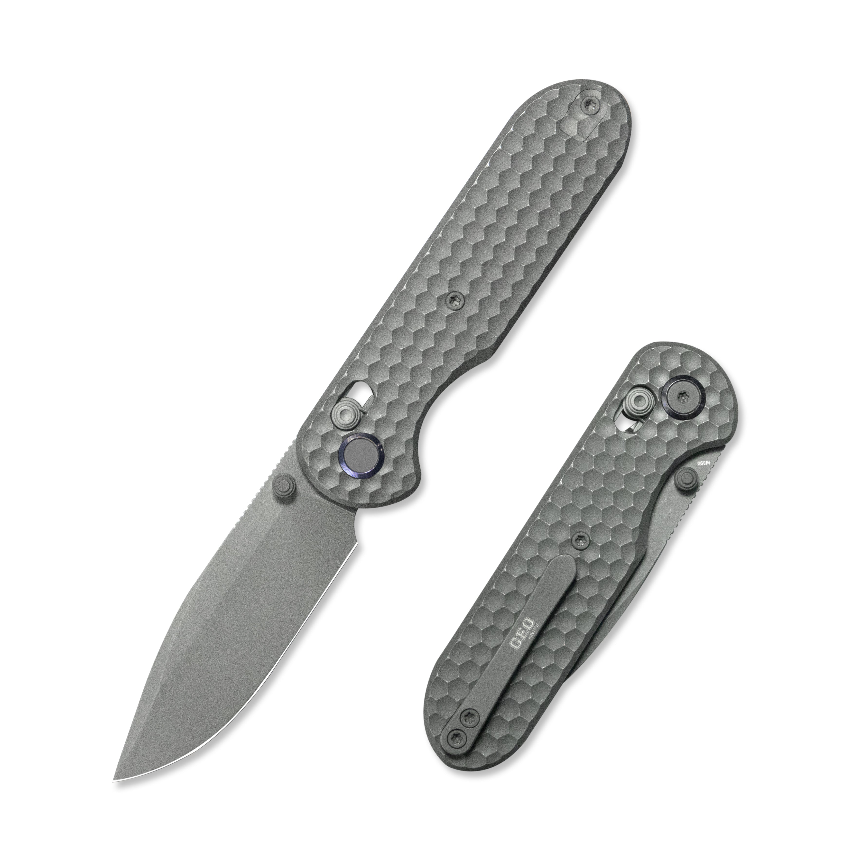 Geo knife Ethereal Cutter Axis lock Folding Knife Gray 6AL4V Titanium Handle 3.0" Darkwash Bohler M390 Blade GEO2402C