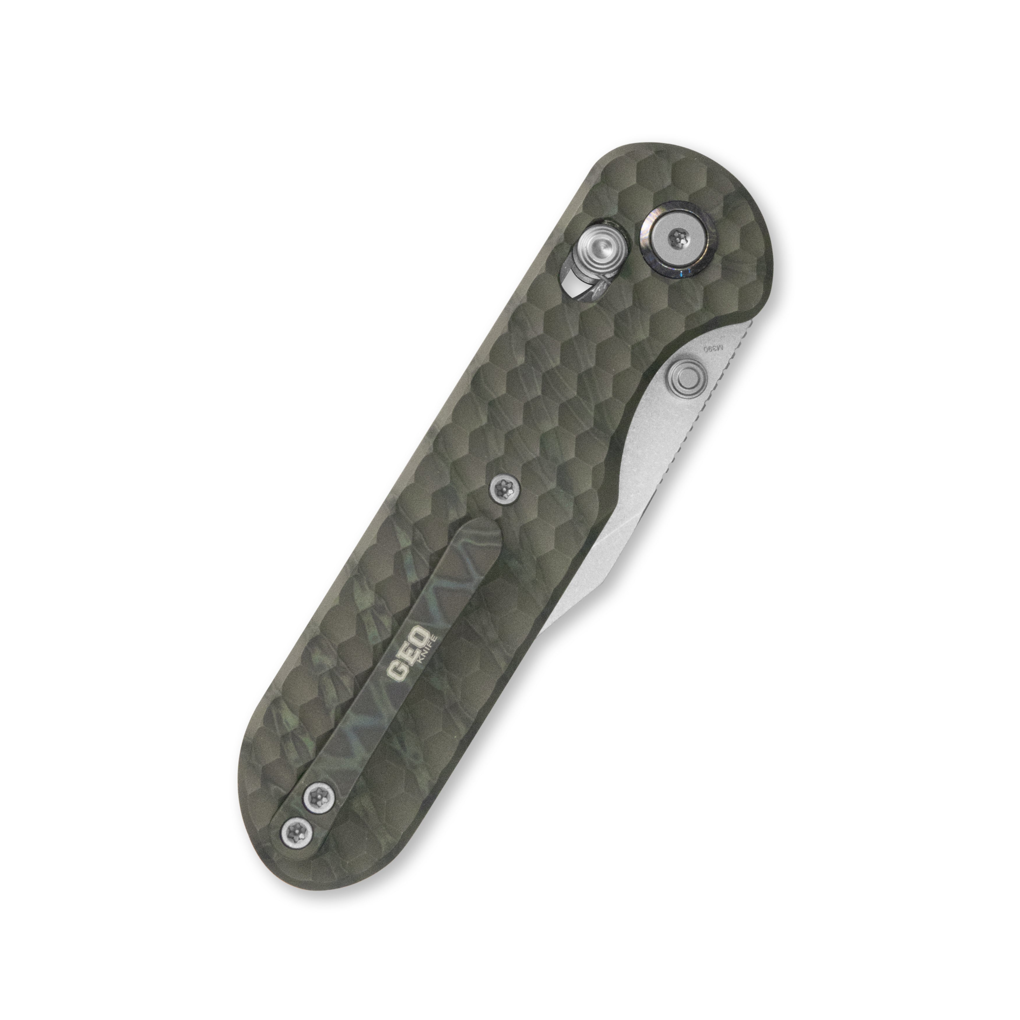 Geo knife Ethereal Cutter Axis lock Folding Knife Tiger Stripe Pattern Flamed  6AL4V Titanium Handle 3.0" Stonewash Bohler M390 Blade GEO2401J