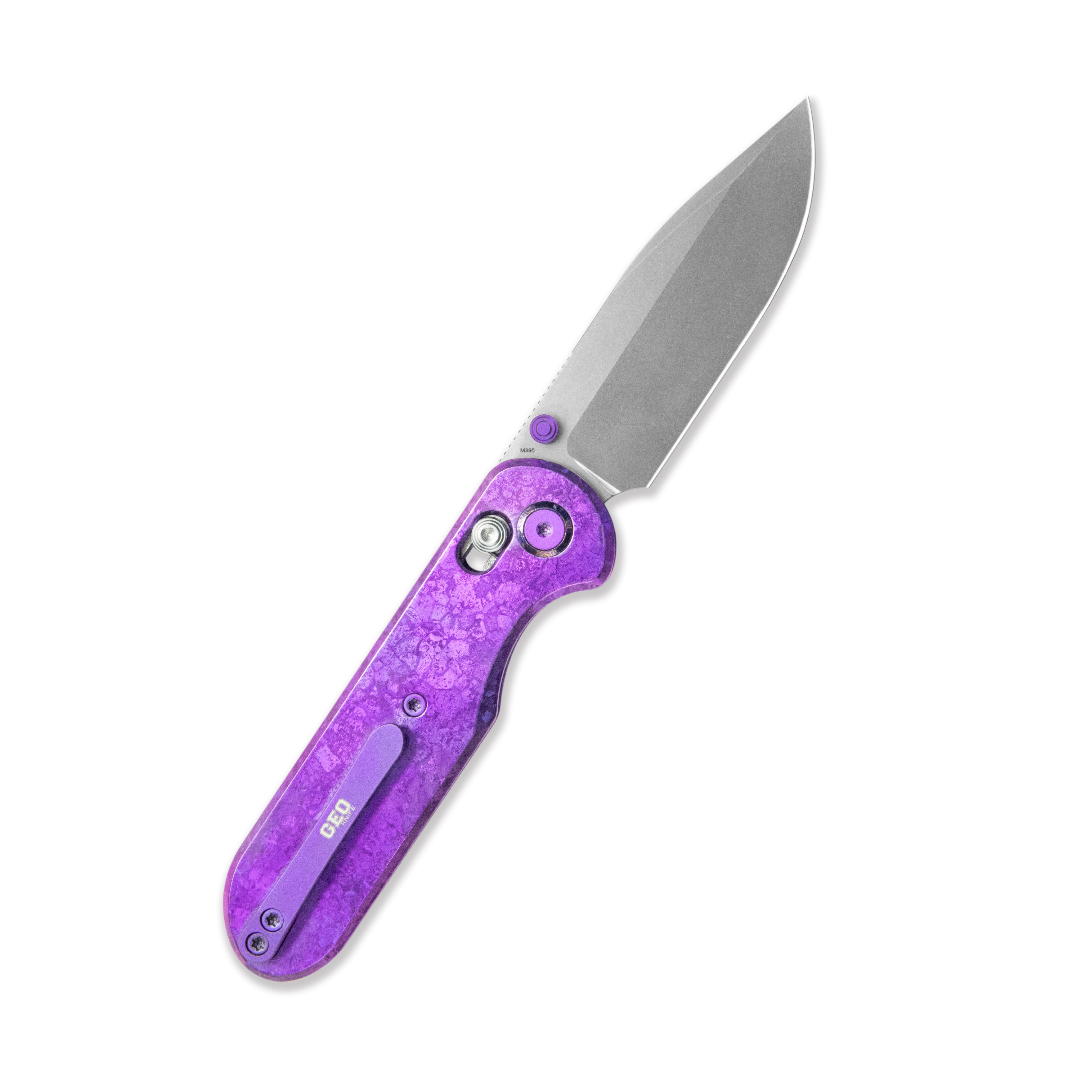 GEO Knife Ethereal Cutter Crossbar lock Folding Knife Purple Crystallized Titanium Handle 3.0" Stonewash Bohler M390 Blade GEO2402R