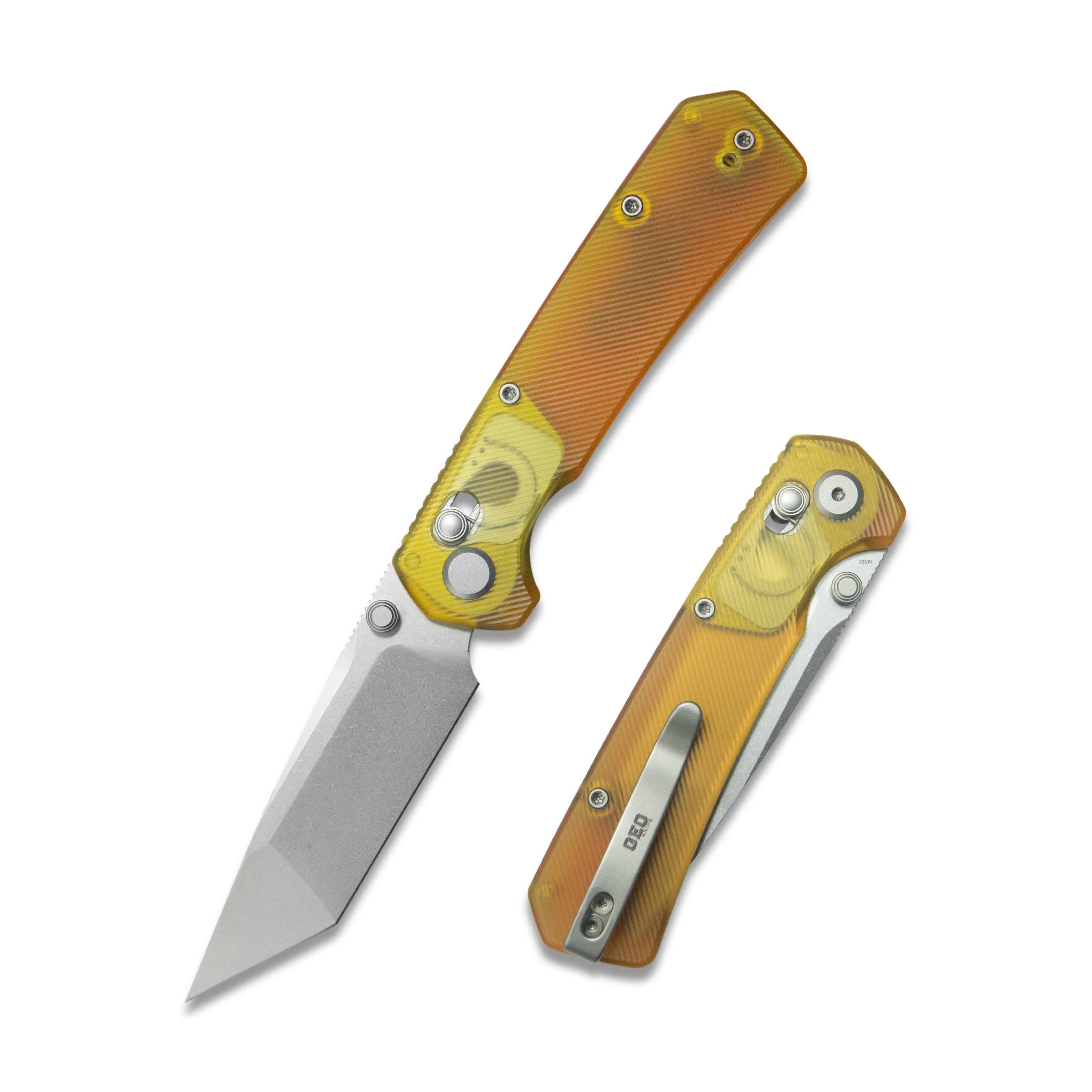(Pre-order): GEO Knife Blaze Axis lock Folding Knife Ultem Handle 3.3" Stonewash Bohler M390 Blade GEO2503J