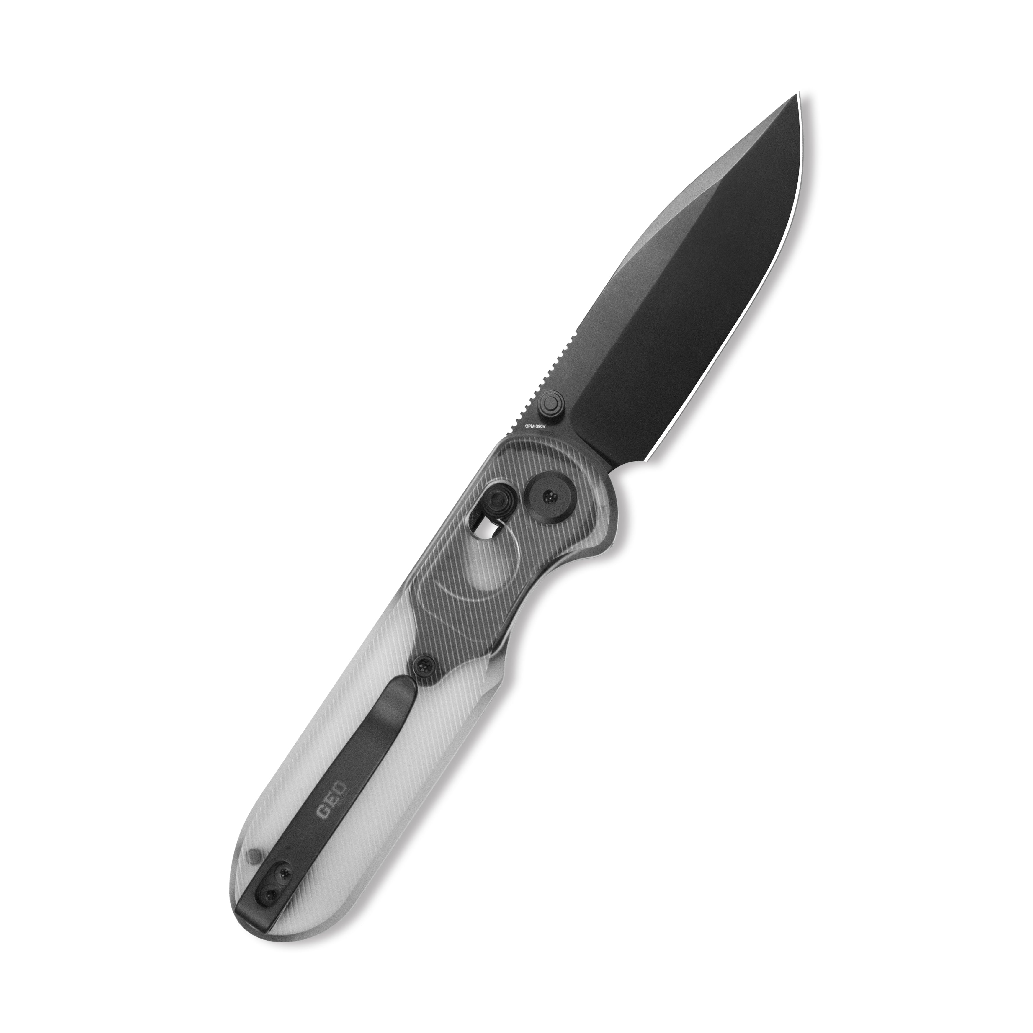 Blade HQ Exclusives SKU : GEO Knife Ethereal Cutter Axis lock Folding Knife Clean Acrylic Handle 3.0" Black DLC CPM S90V Blade GEO2402P