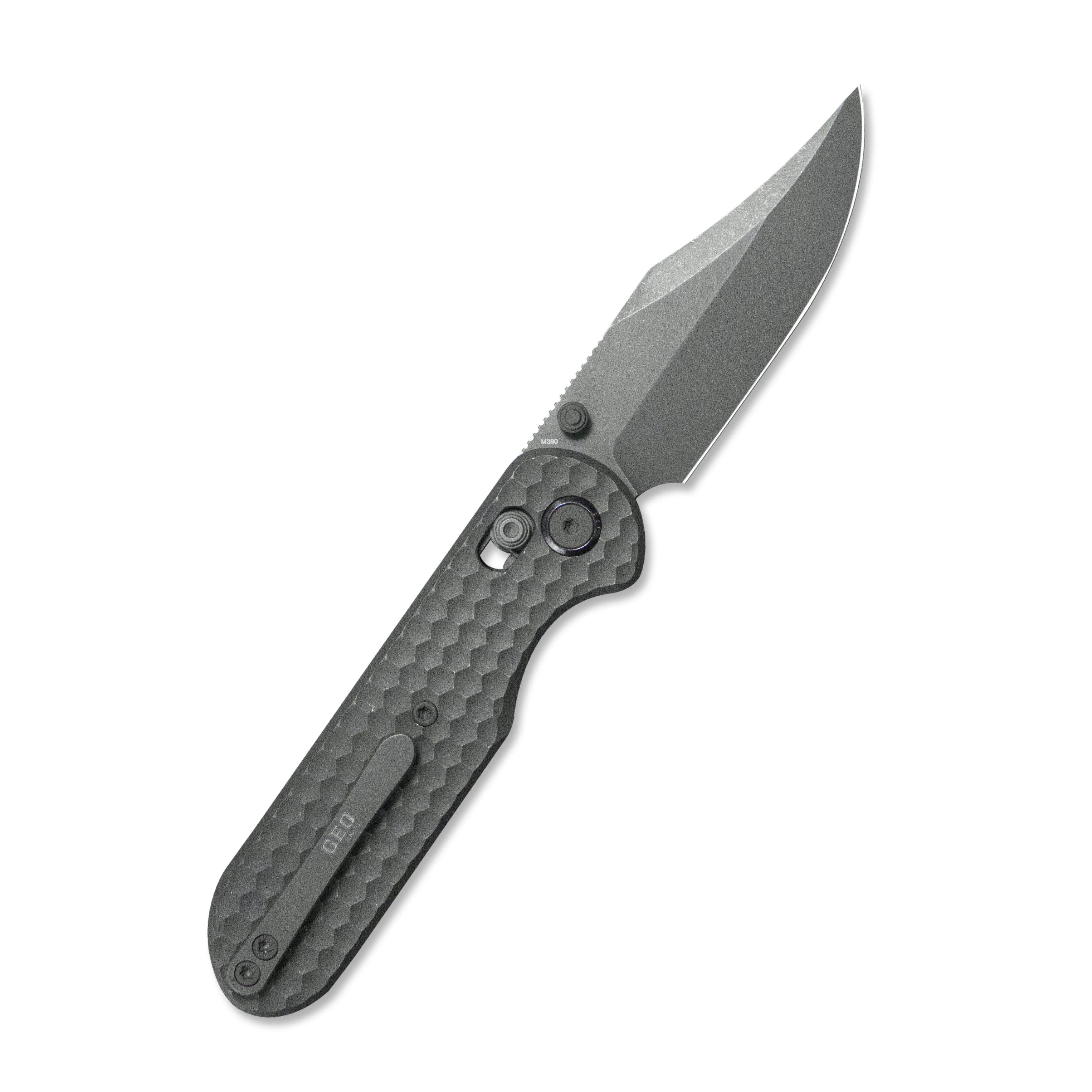 GEO Knife Ethereal Cutter Crossbar lock Folding Knife Gray 6AL4V Titanium Handle 3.0" Darkwash Bohler M390 Blade GEO2401C