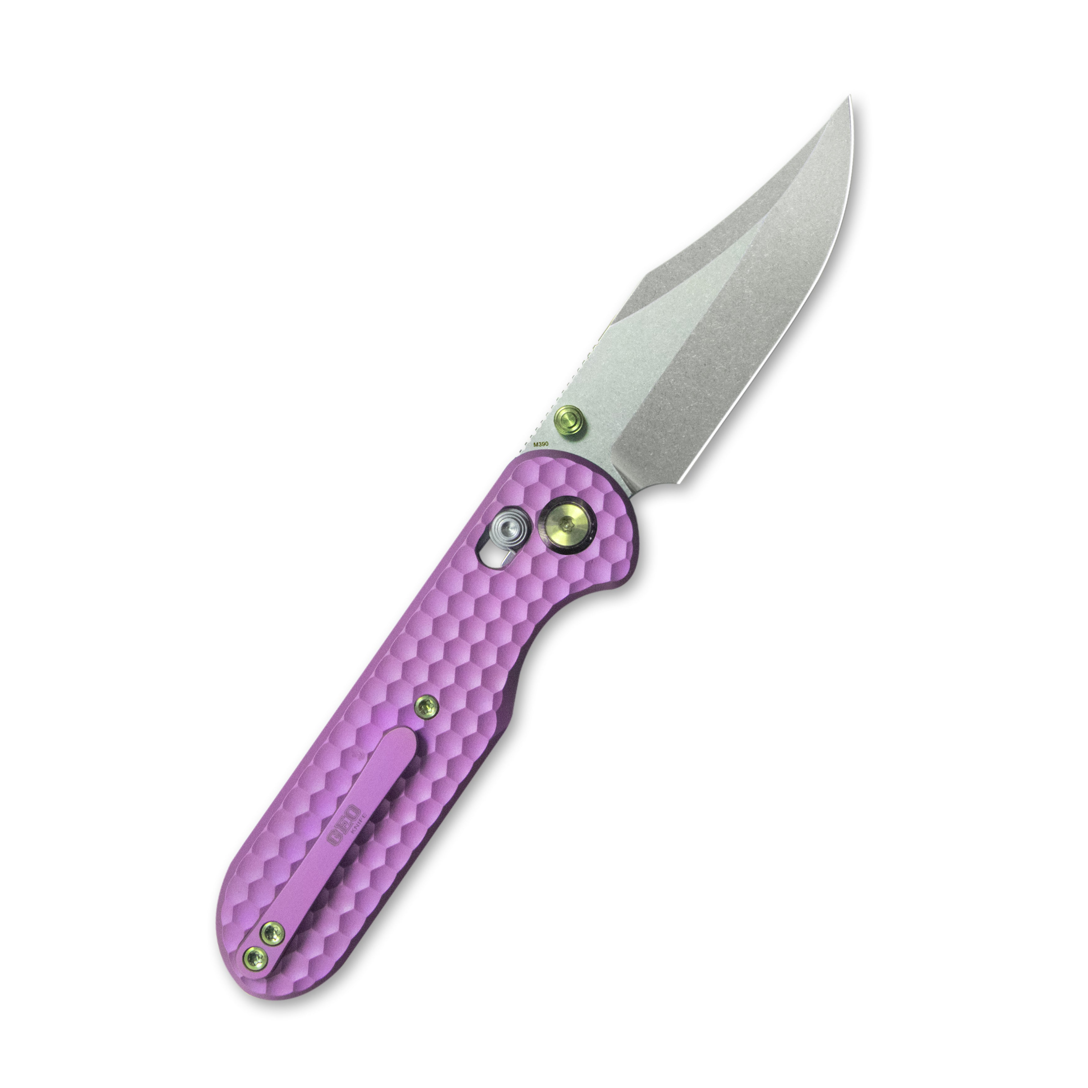 GEO Knife Ethereal Cutter Crossbar lock Folding Knife Purple 6AL4V Titanium Handle 3.0" Stonewash Bohler M390 Blade GEO2401I