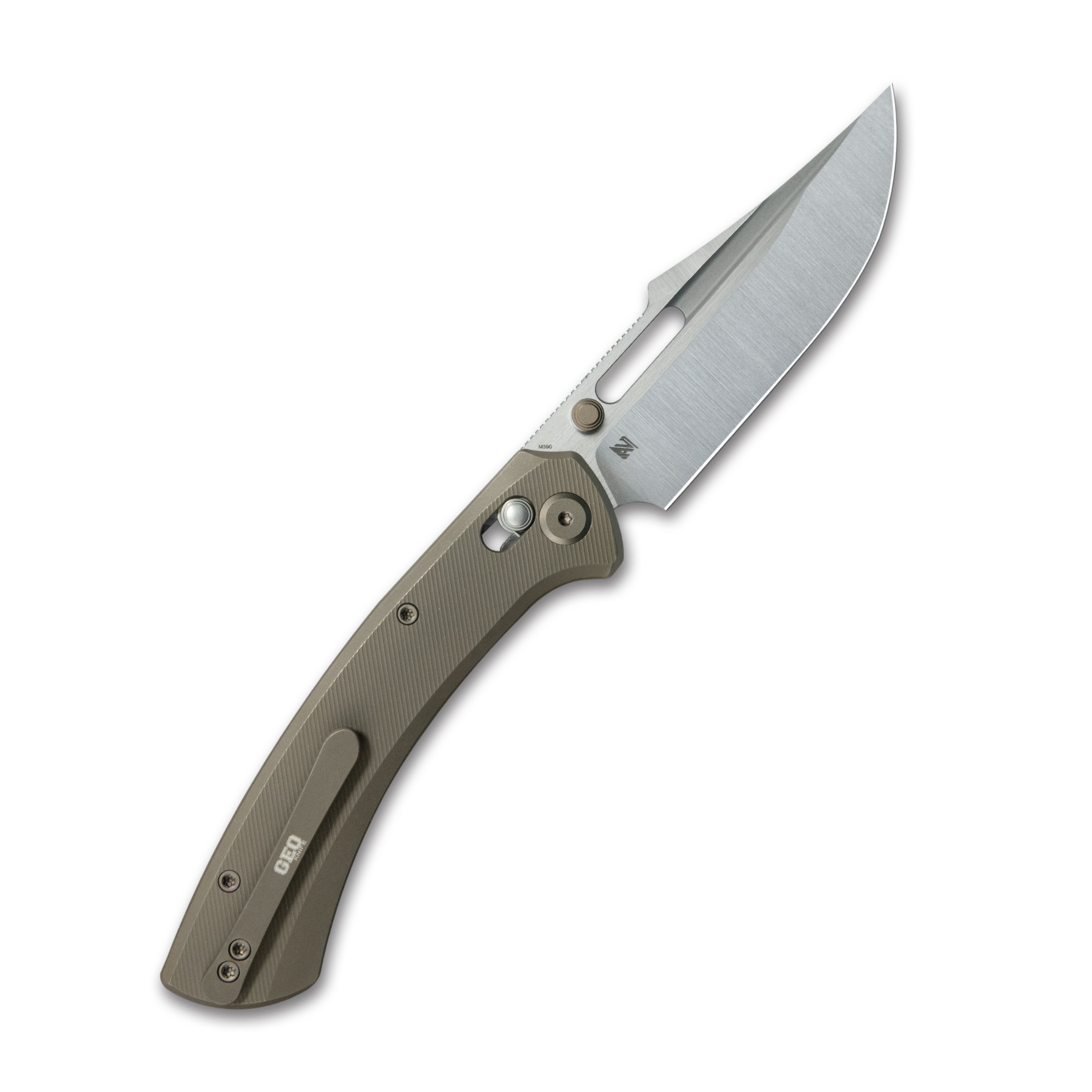 GEO Knife Strix Axis lock Folding Knife Bronze 6AL4V Titanium Handle 3.6" Hand-Rubbed  Satin  Stonewash Bohler M390 Blade GEO2510C