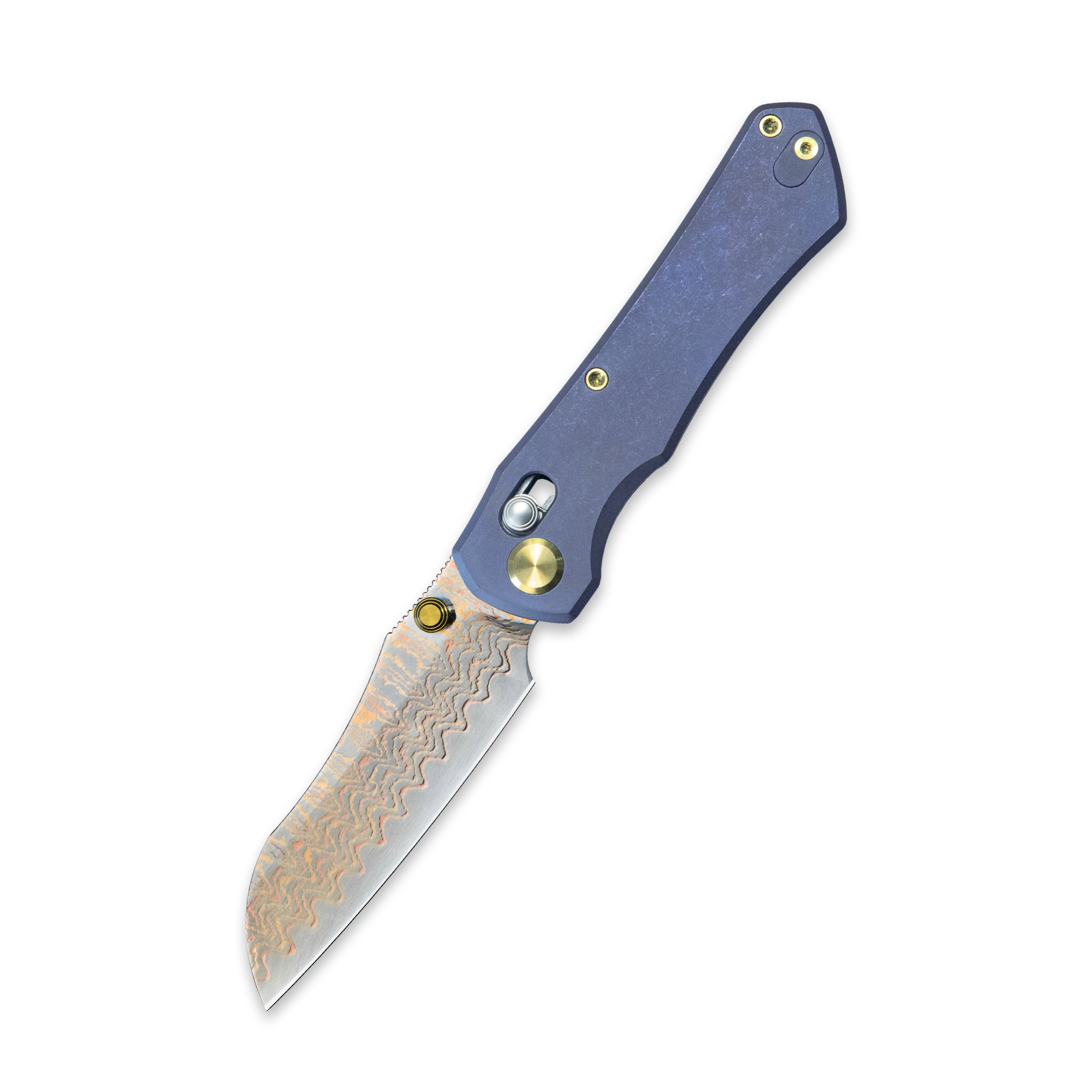 GEO Knife Komodo Crossbar lock Folding Knife Blue 6AL4V Titanium Handle 3.1" Damascus Steel & Copper Blade（10Cr15CoMoV) GEO2509B