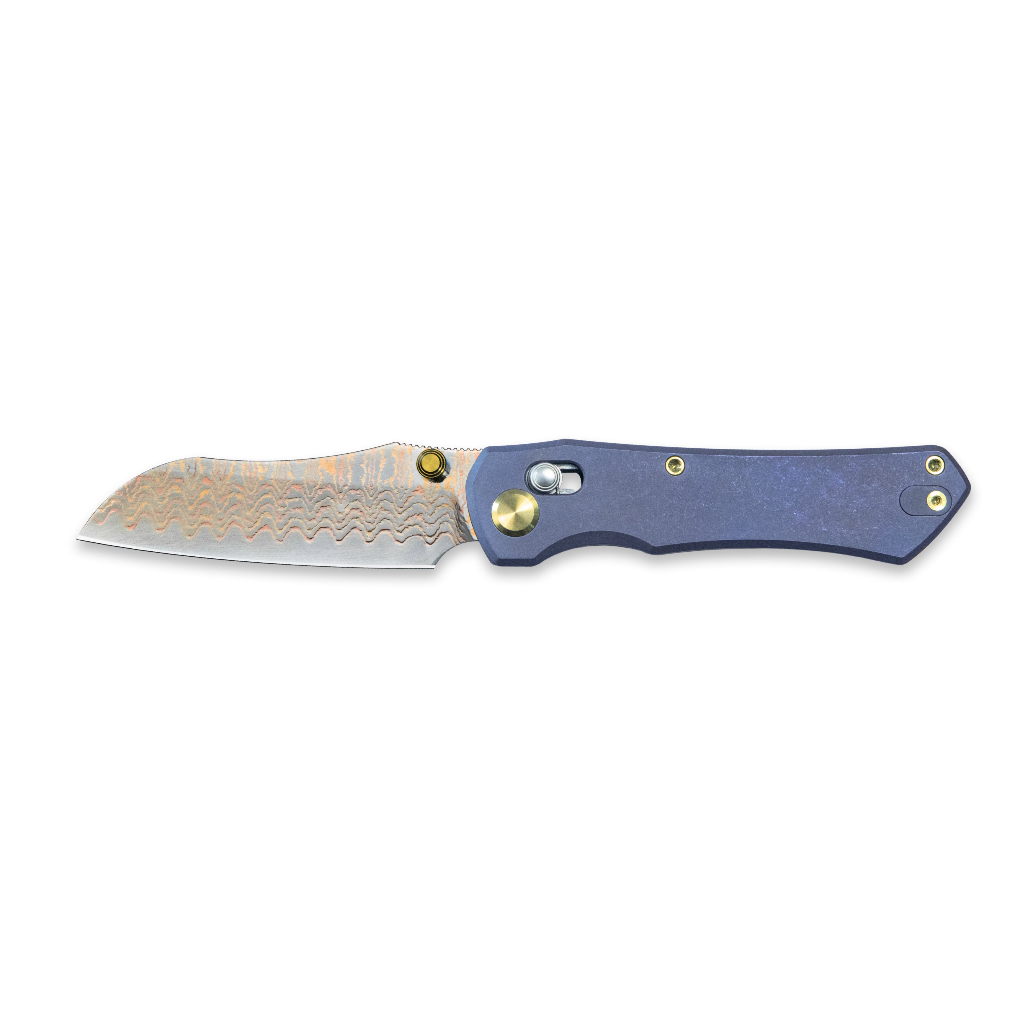 GEO Knife Komodo Crossbar lock Folding Knife Blue 6AL4V Titanium Handle 3.1" Damascus Steel & Copper Blade（10Cr15CoMoV) GEO2509B