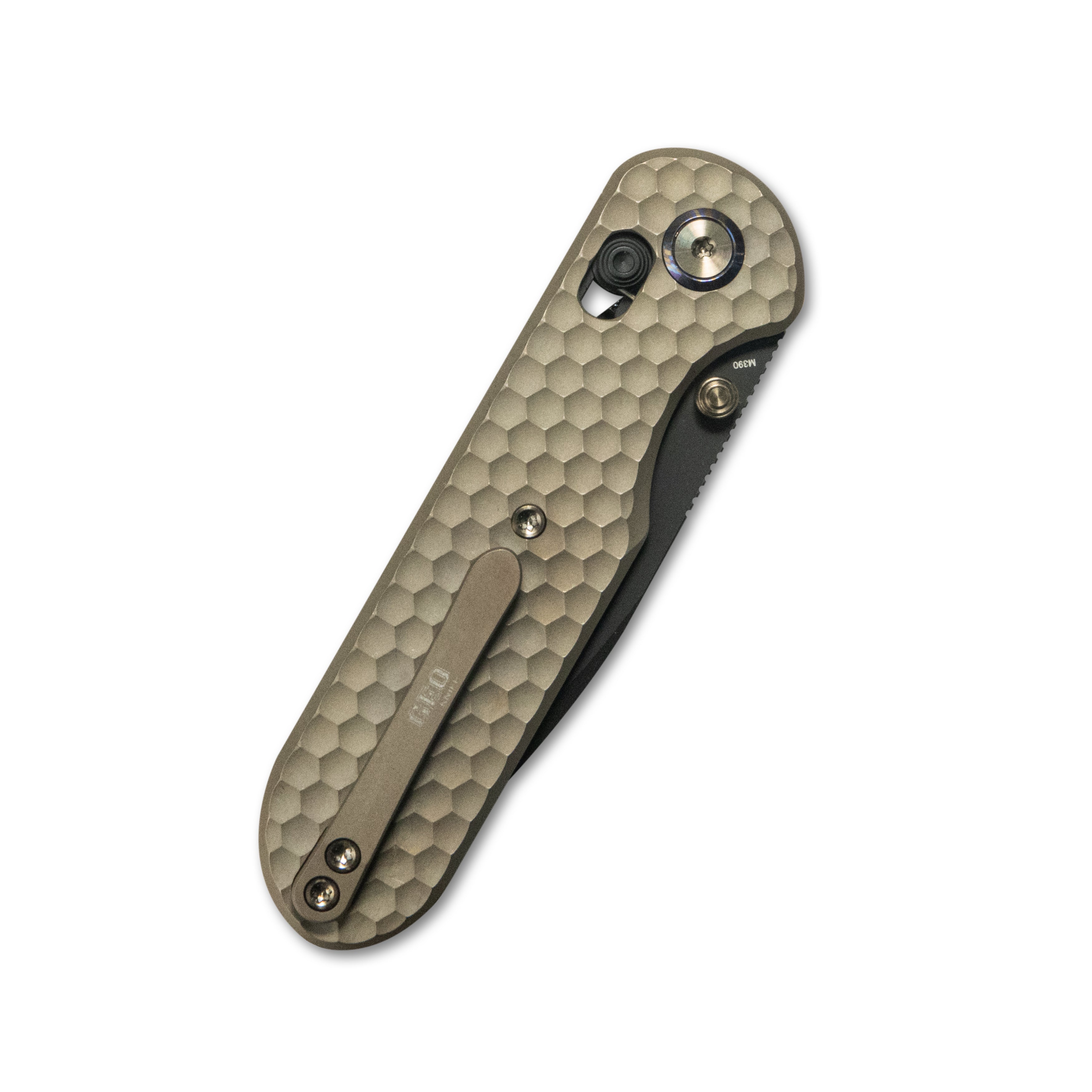 GEO Knife Ethereal Cutter Crossbar Lock Folding Knife Bronze 6AL4V Titanium Handle 3.0" Blackwash Bohler M390 Blade  GEO2402B