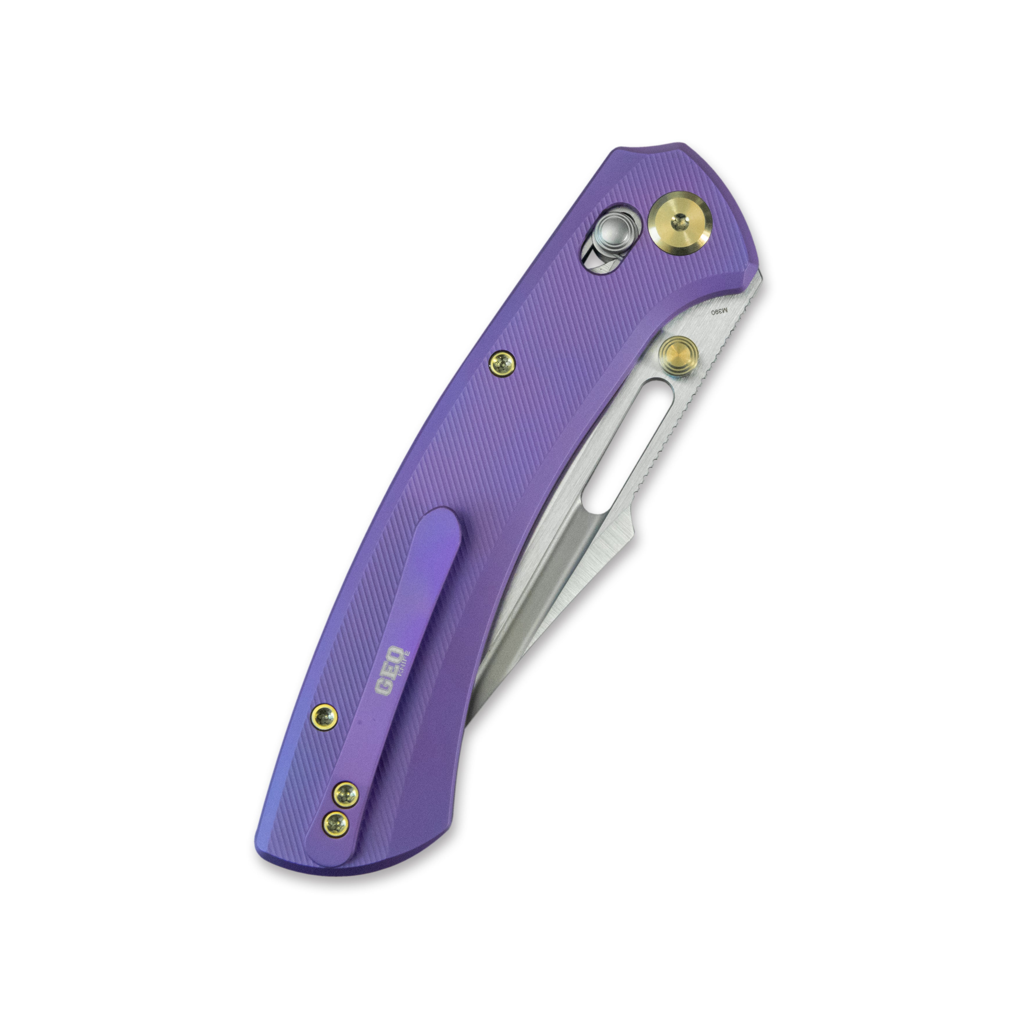 GEO Knife Strix Axis lock Folding Knife Purple blue 6AL4V Titanium Handle 3.6" Hand-Rubbed Satin Stonewash Bohler M390 Blade GEO2510D