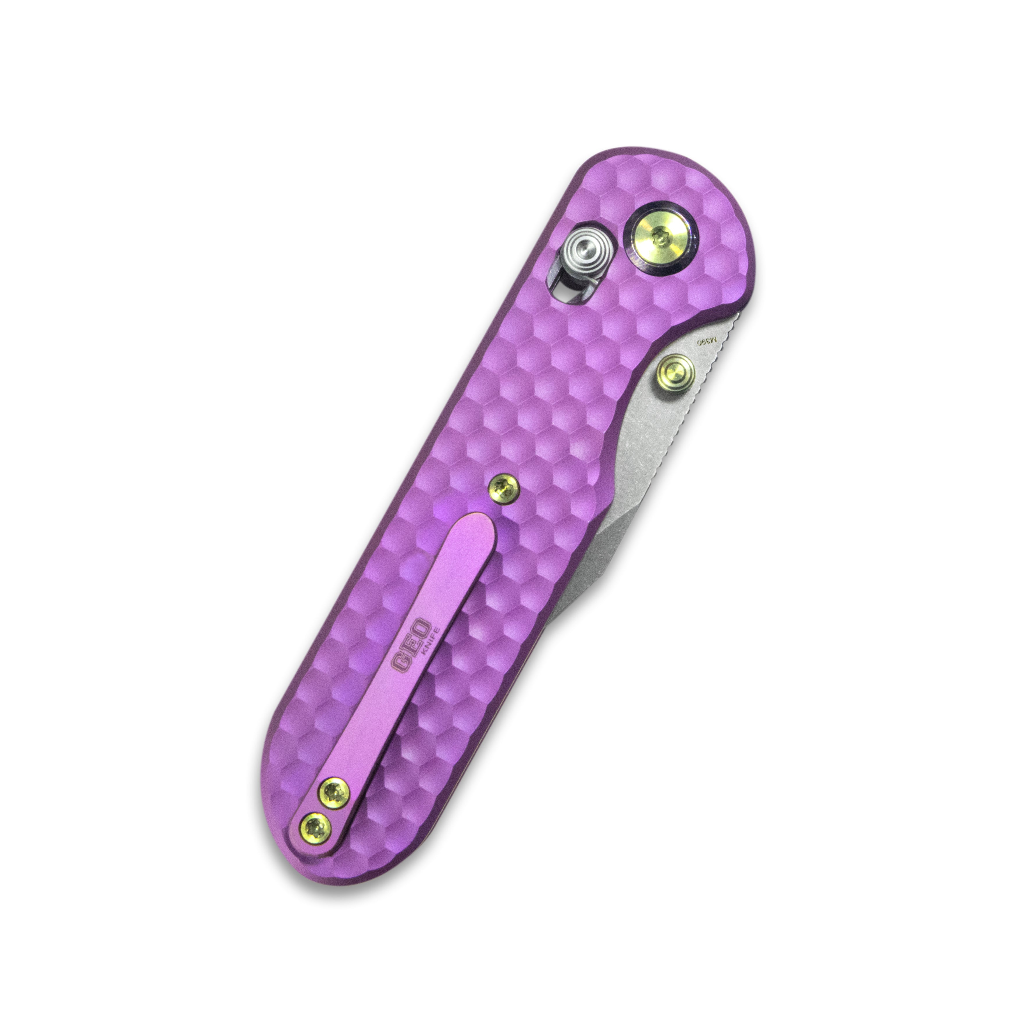 GEO Knife Ethereal Cutter Crossbar lock Folding Knife Purple 6AL4V Titanium Handle 3.0" Stonewash Bohler M390 Blade GEO2401I