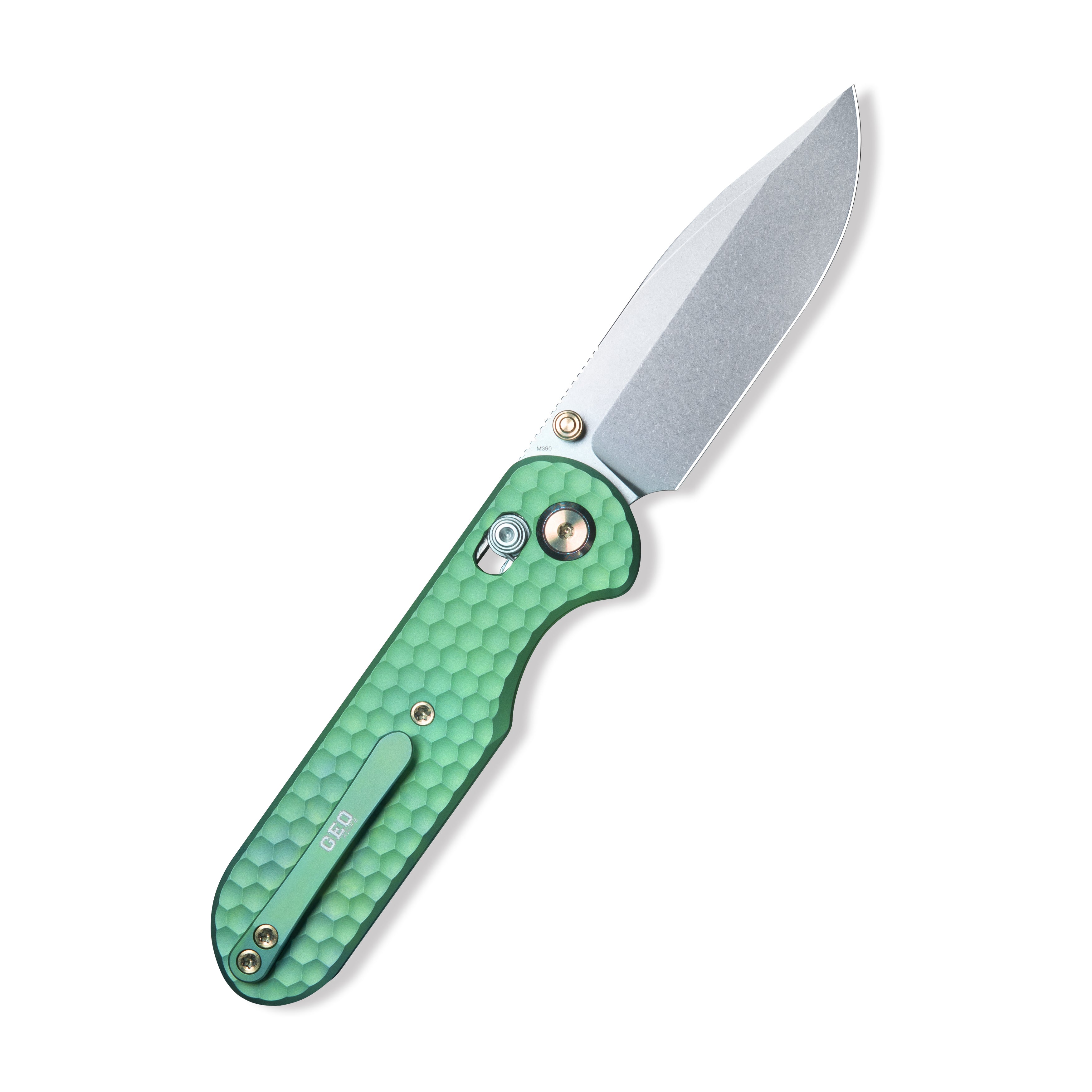 GEO Knife Ethereal Cutter Crossbar lock Folding Knife Green 6AL4V Titanium Handle 3.0" Stonewash Bohler M390 Blade GEO2402H
