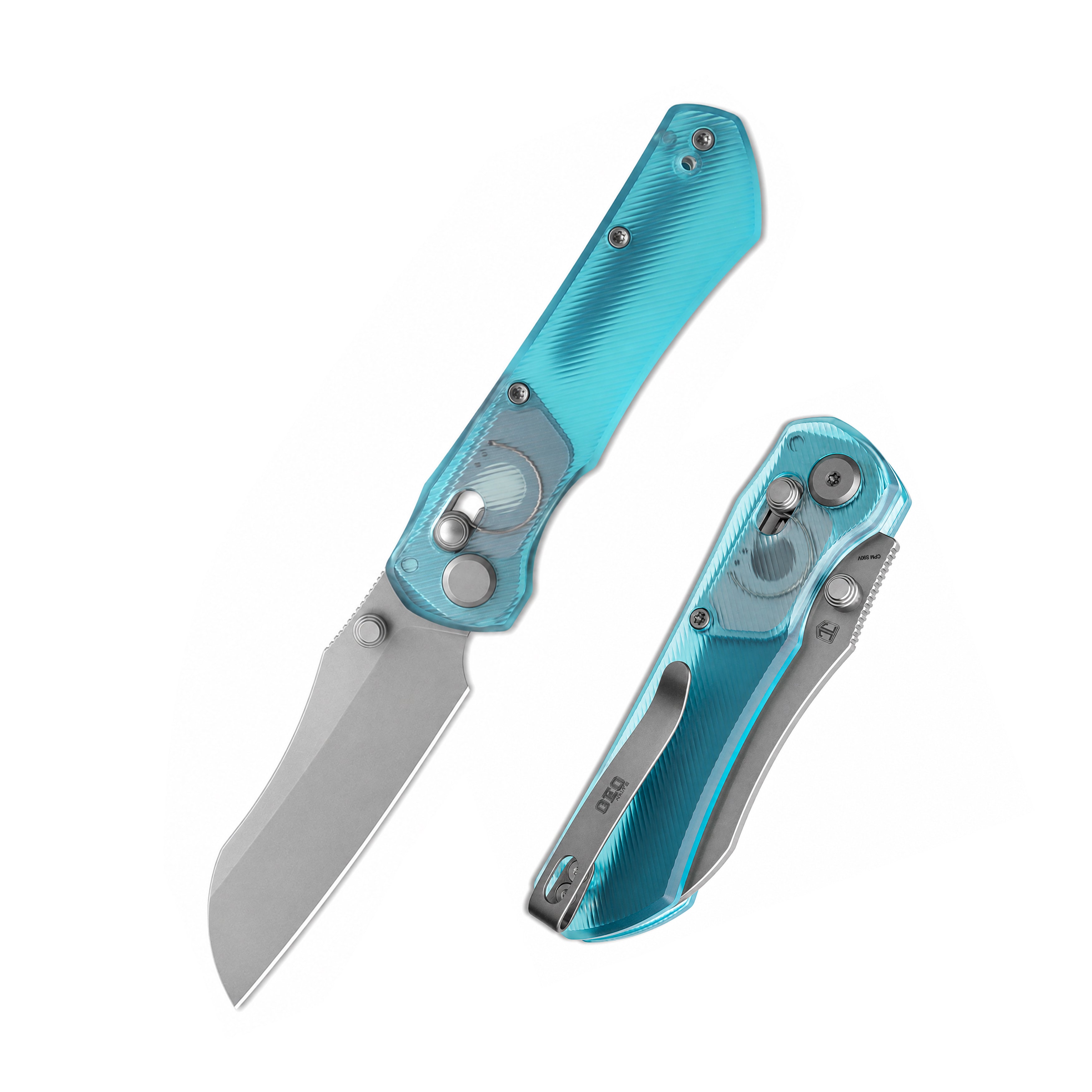 Blade HQ Exclusives SKU : GEO Knife Komodo Crossbar lock Folding Knife Blue Acrylic Handle 3.1" Stonewash CPM S90V Blade GEO2509M