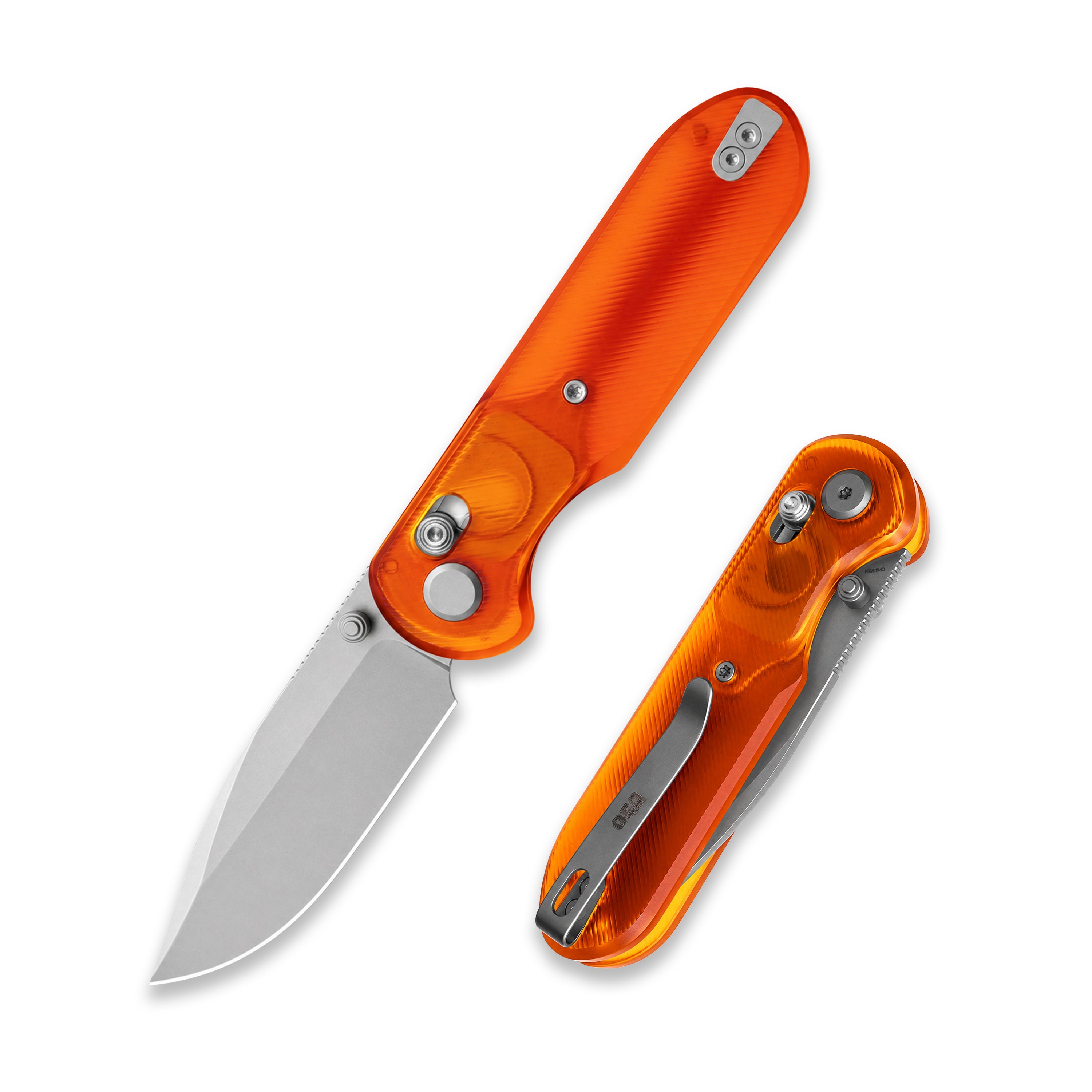 Blade HQ Exclusives SKU : GEO Knife Ethereal Cutter Crossbar lock Folding Knife Orange Acrylic Handle 3.0" Stonewash CPM S90V Blade GEO2402Y