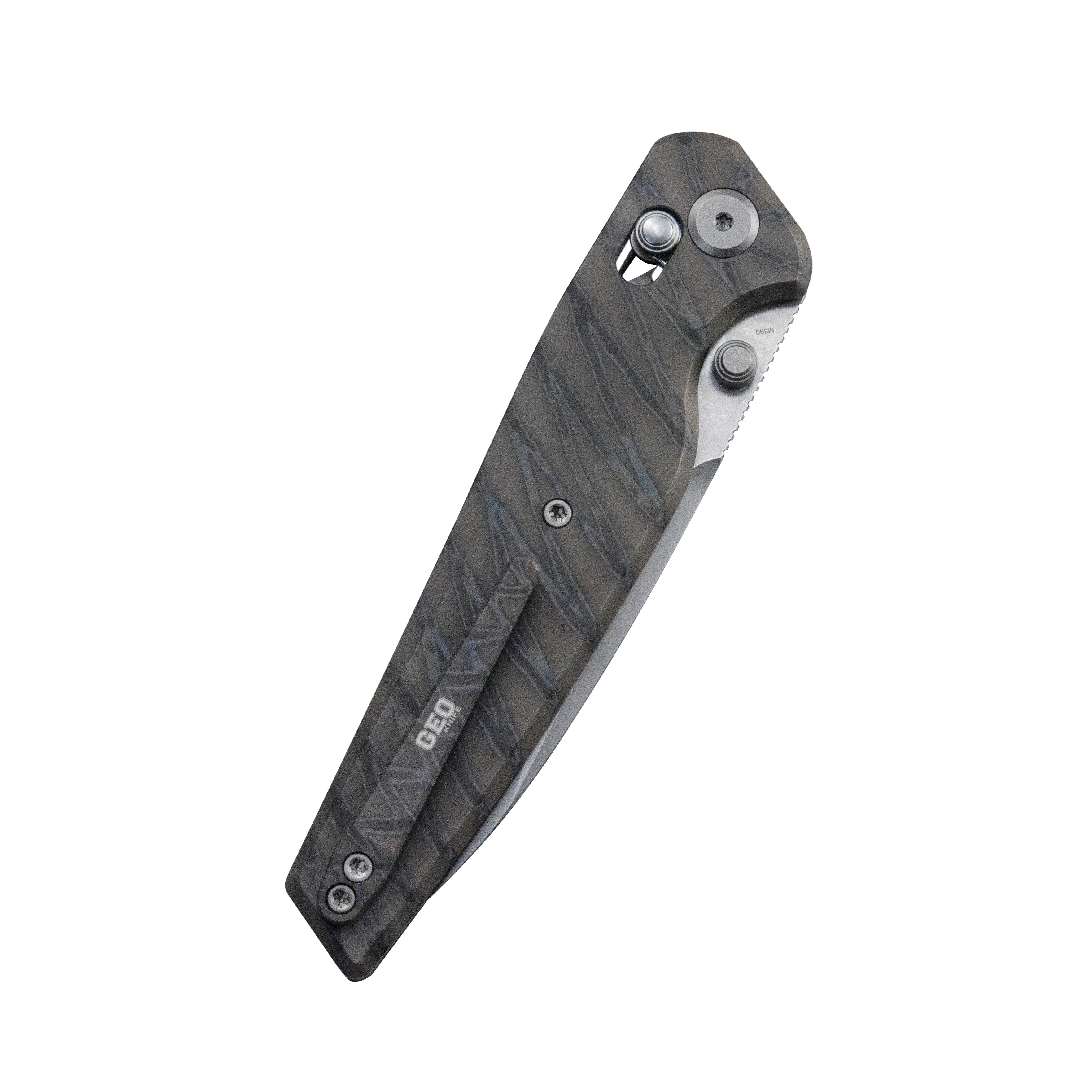 Geo knife FANTASM Axis lock Folding Knife Tiger Stripe Pattern Flamed  6AL4V Titanium Handle 3.9" Stonewash Bohler M390 Blade GEO2505B