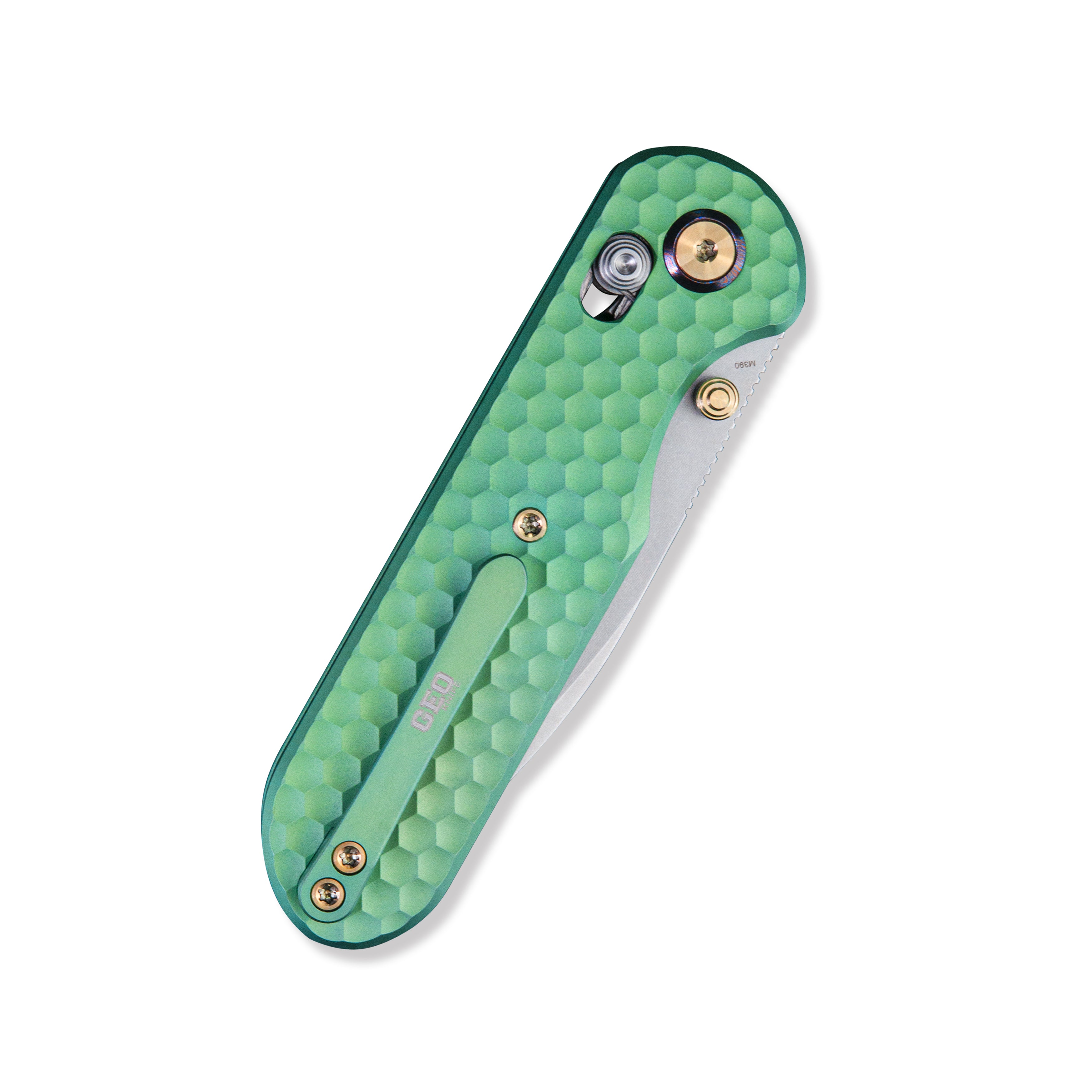 GEO Knife Ethereal Cutter Crossbar lock Folding Knife Green 6AL4V Titanium Handle 3.0" Stonewash Bohler M390 Blade GEO2402H