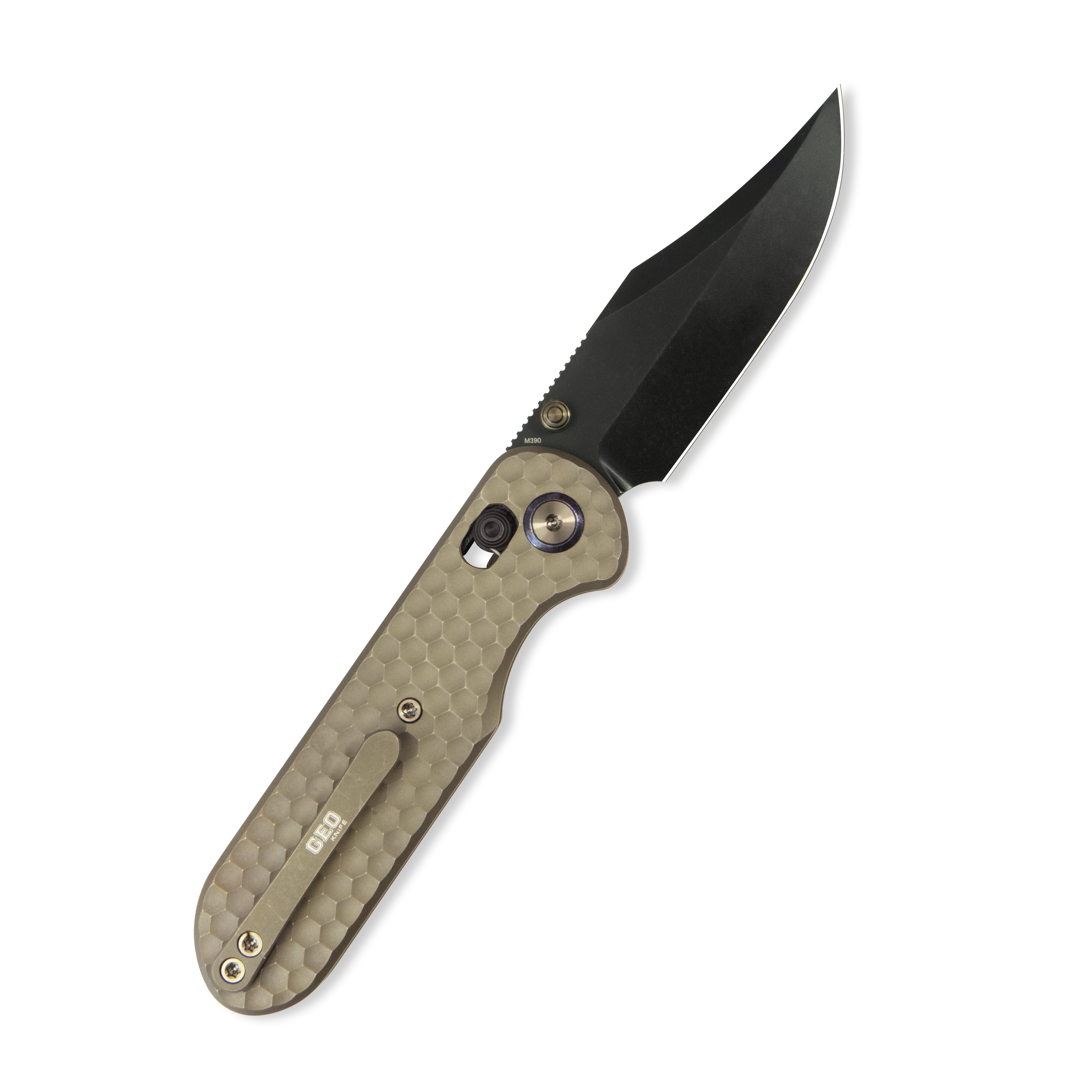 GEO Knife Ethereal Cutter Crossbar lock Folding Knife Bronze 6AL4V Titanium Handle 3.0" Blackwash Bohler M390 Blade GEO2401B