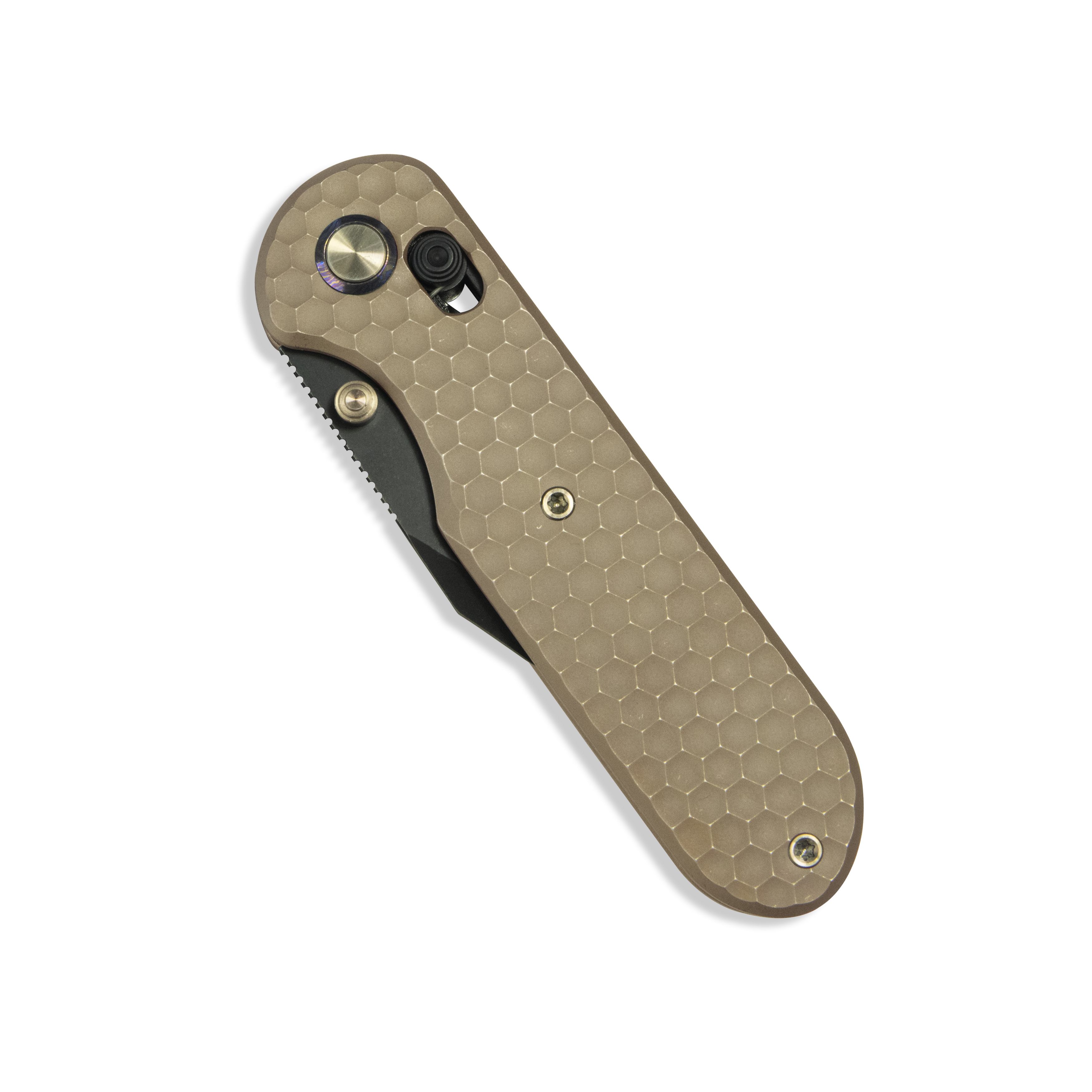 GEO Knife Ethereal Cutter Crossbar lock Folding Knife Bronze 6AL4V Titanium Handle 3.0" Blackwash Bohler M390 Blade GEO2401B