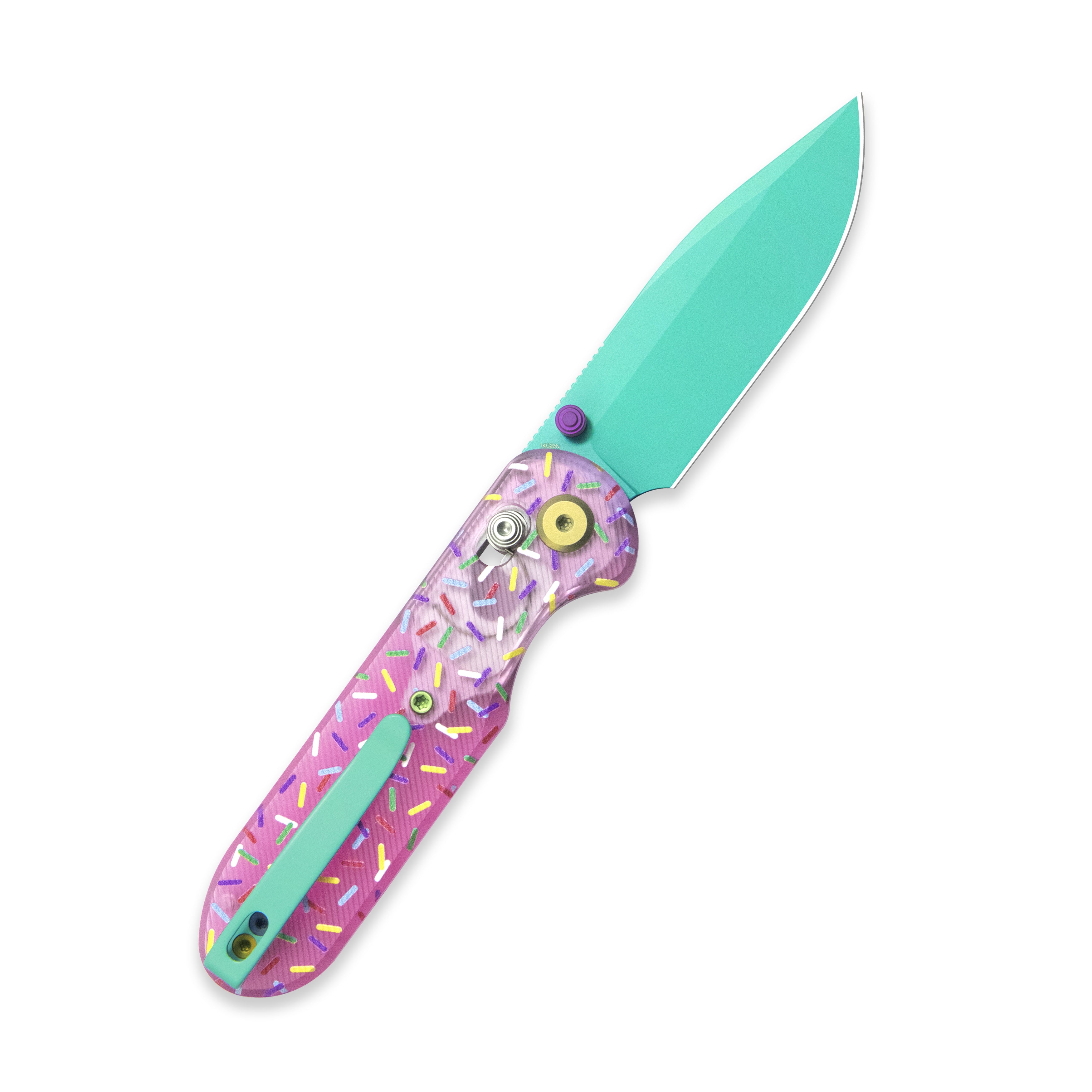 Blade HQ Exclusives SKU : GEO Knife Dessert Warrior Ethereal Cutter Crossbar lock Folding Knife Pink Acrylic UV printing the sprinkles Handle 3.0" Blue ceramic-coated 14C28N Blade GEO2402-1C