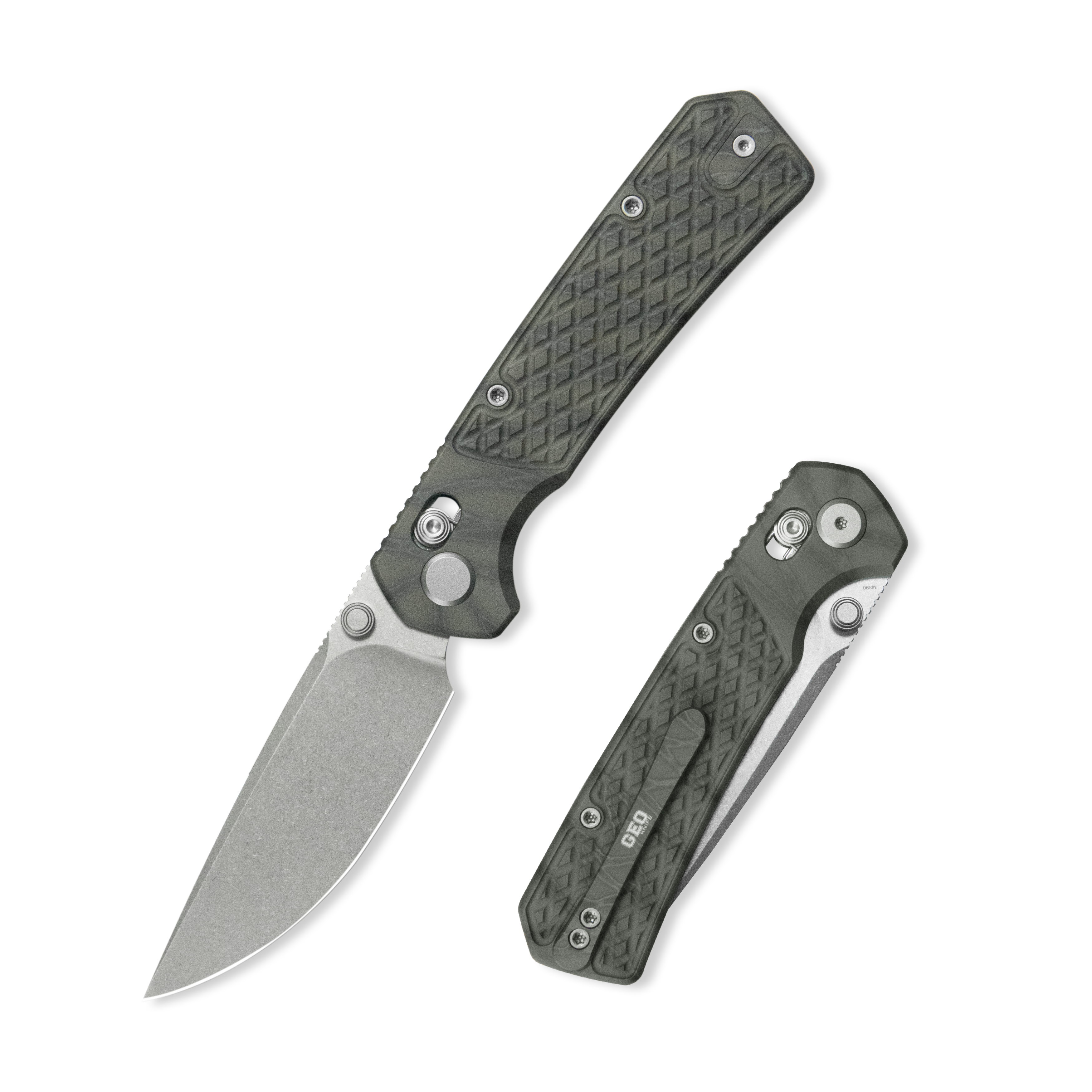 Geo knife Blaze Axis lock Folding Knife Tiger Stripe Pattern Flamed  6AL4V Titanium Handle 3.4" Stonewash Bohler M390 Blade GEO2502C