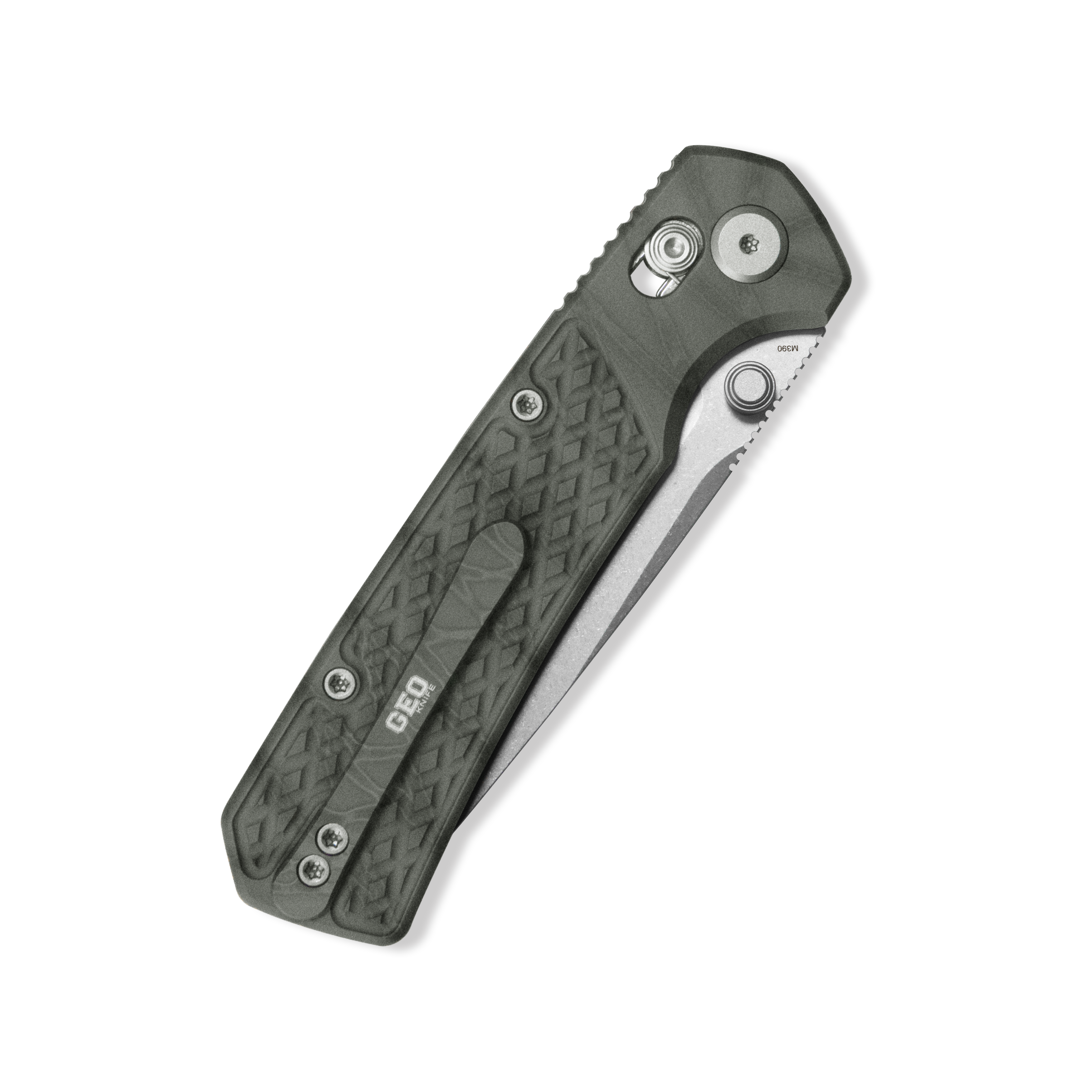 Geo knife Blaze Axis lock Folding Knife  Tiger Stripe Pattern Flamed 6AL4V Titanium Handle 3.4" Stonewash Bohler M390 Blade GEO2503C