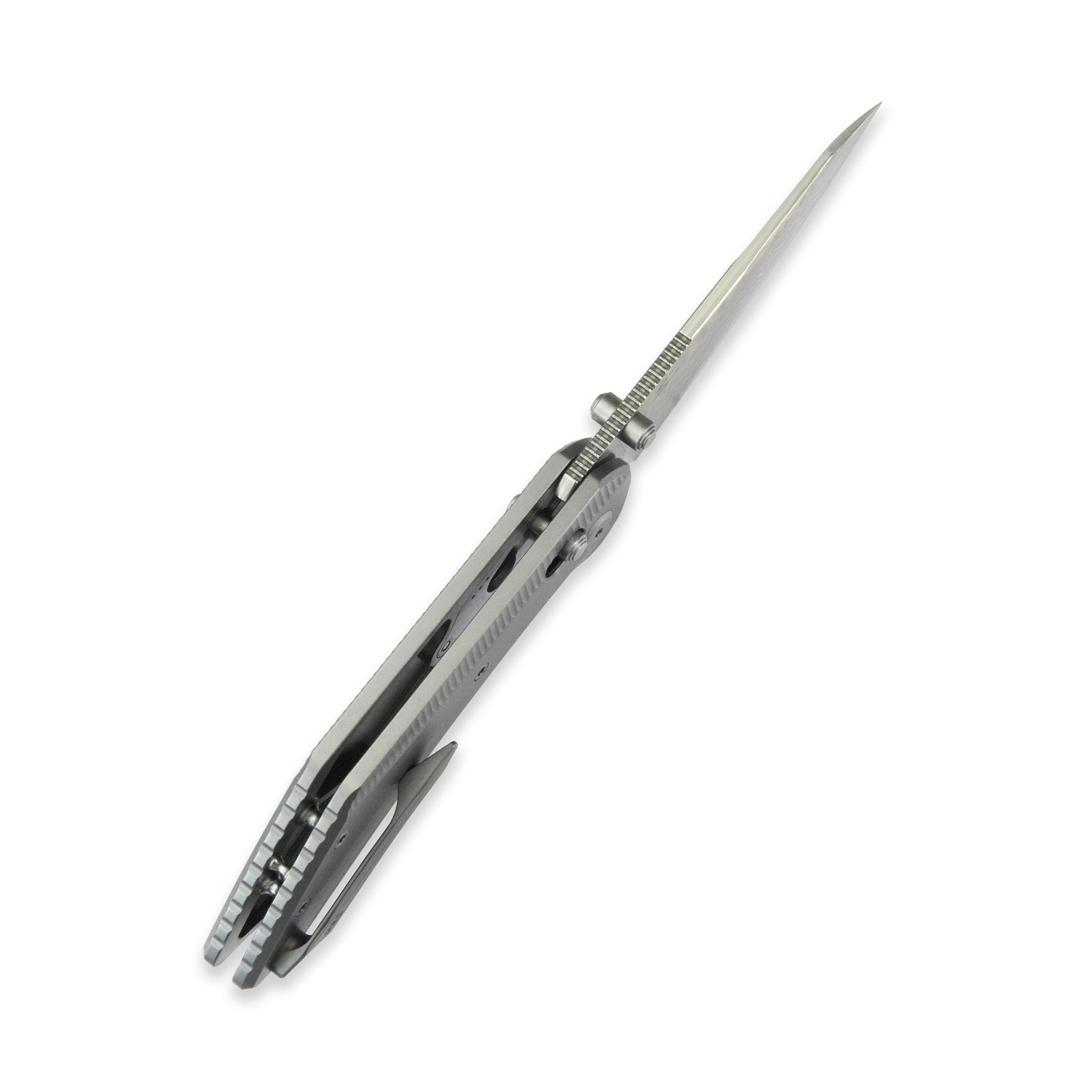 GEO Knife DIVID Axis lock Folding Knife Gray 6AL4V Titanium Handle 3.3" Damascus Steel & Copper Blade（10Cr15CoMoV) GEO2507A