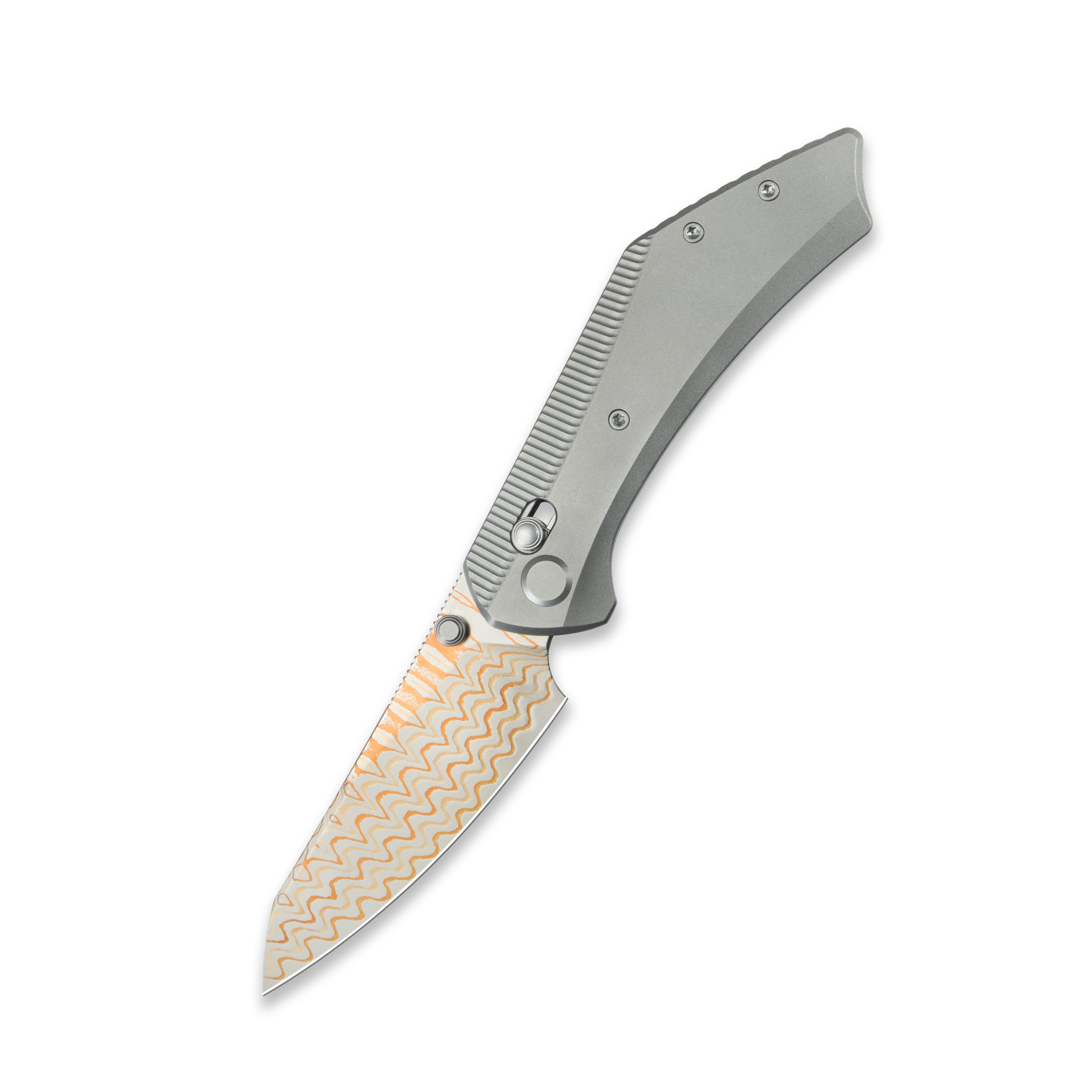 GEO Knife DIVID Axis lock Folding Knife Gray 6AL4V Titanium Handle 3.3" Damascus Steel & Copper Blade（10Cr15CoMoV) GEO2507A