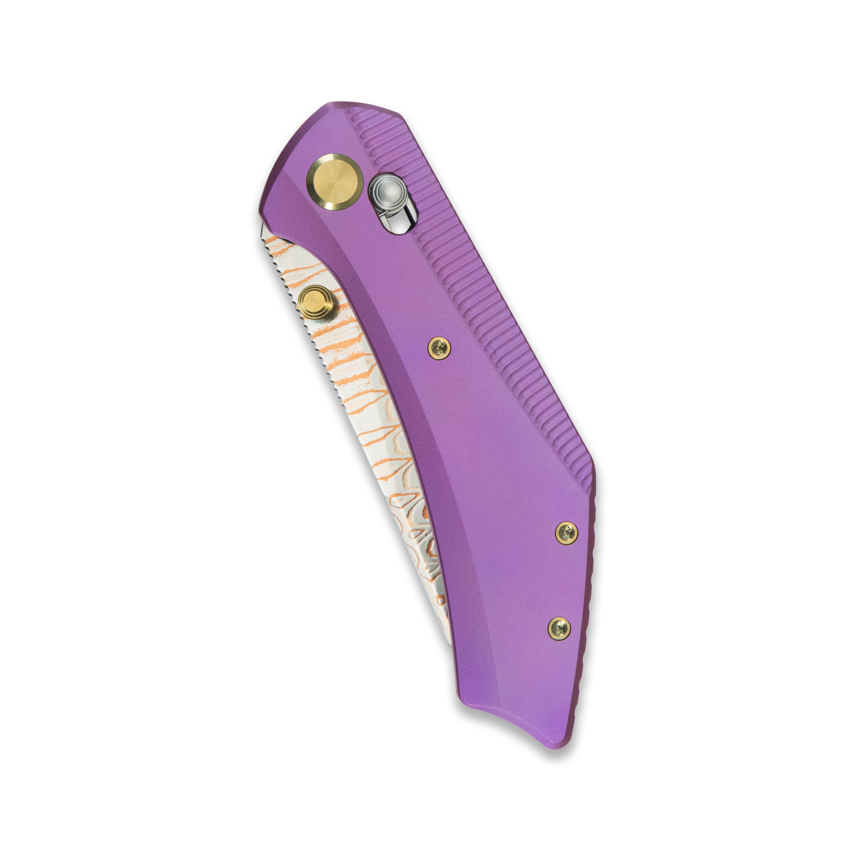 GEO Knife DIVID Axis lock Folding Knife Purple 6AL4V Titanium Handle 3.3" Damascus Steel & Copper Blade（10Cr15CoMoV) GEO2507C