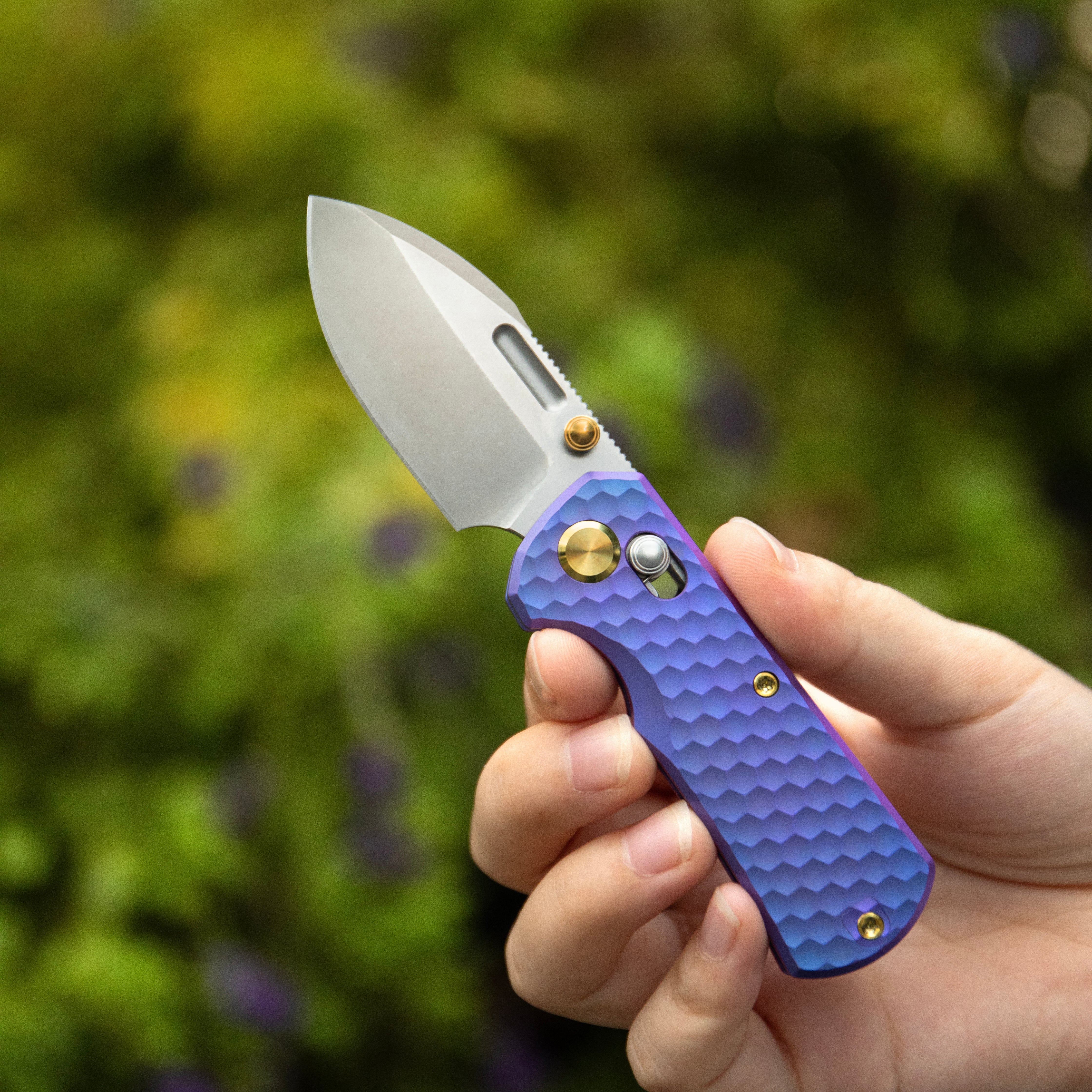 GEO Knife Belluf Crossbar lock Folding Knife Purple 6AL4V Titanium Handle 2.4" Stonewash Bohler M390 Blade GEO2508J